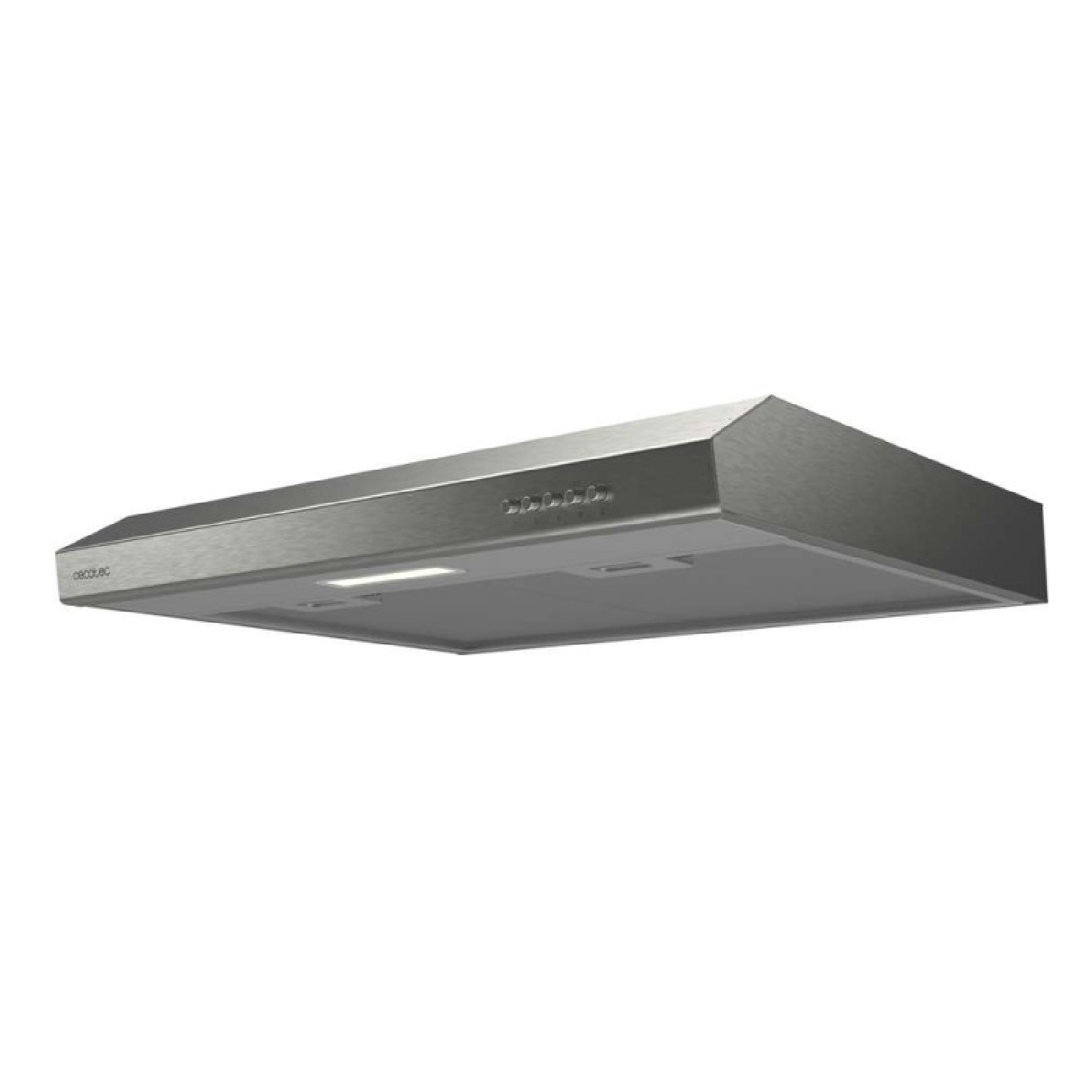 Una moderna campana extractora de acero inoxidable con iluminación LED integrada y botones en el panel frontal.