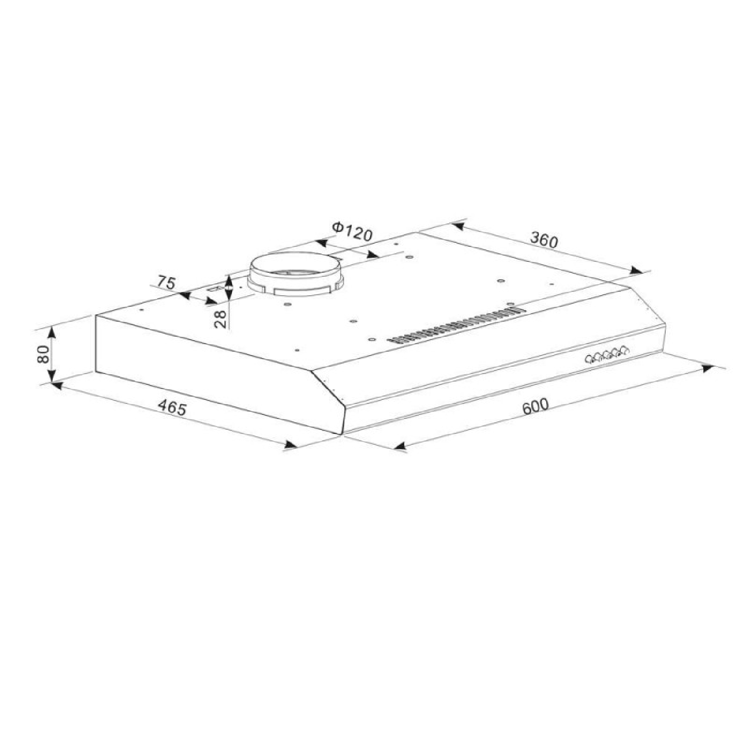 Disegno tecnico di una cappa da cucina con dimensioni in millimetri.