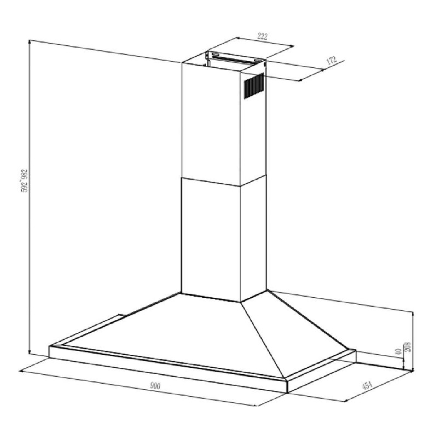 Dibujo técnico de una campana extractora con dimensiones en milímetros.