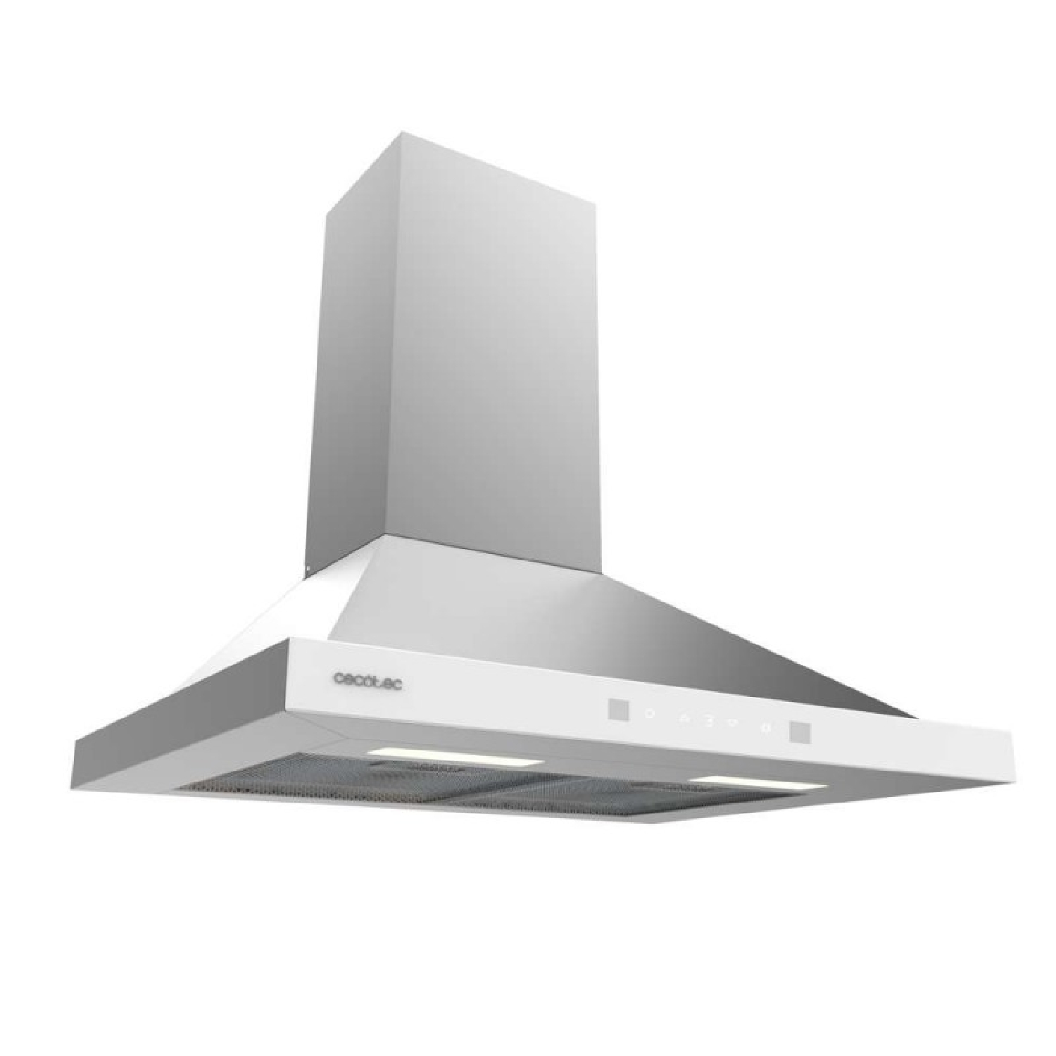Una cappa da cucina argentata e bianca con camino in acciaio inossidabile, pannello di controllo e illuminazione a LED.