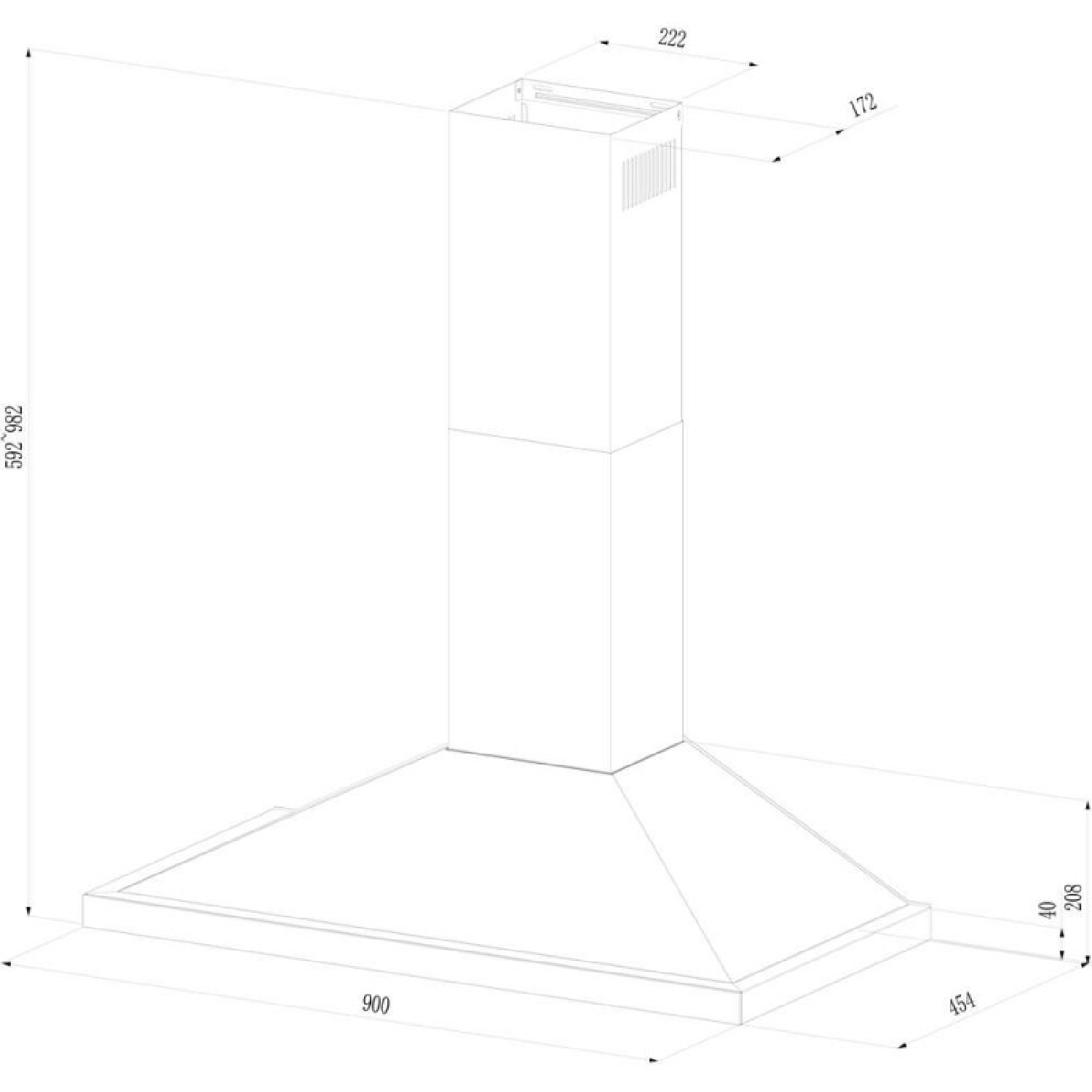 Disegno tecnico di una cappa aspirante con quote in millimetri.