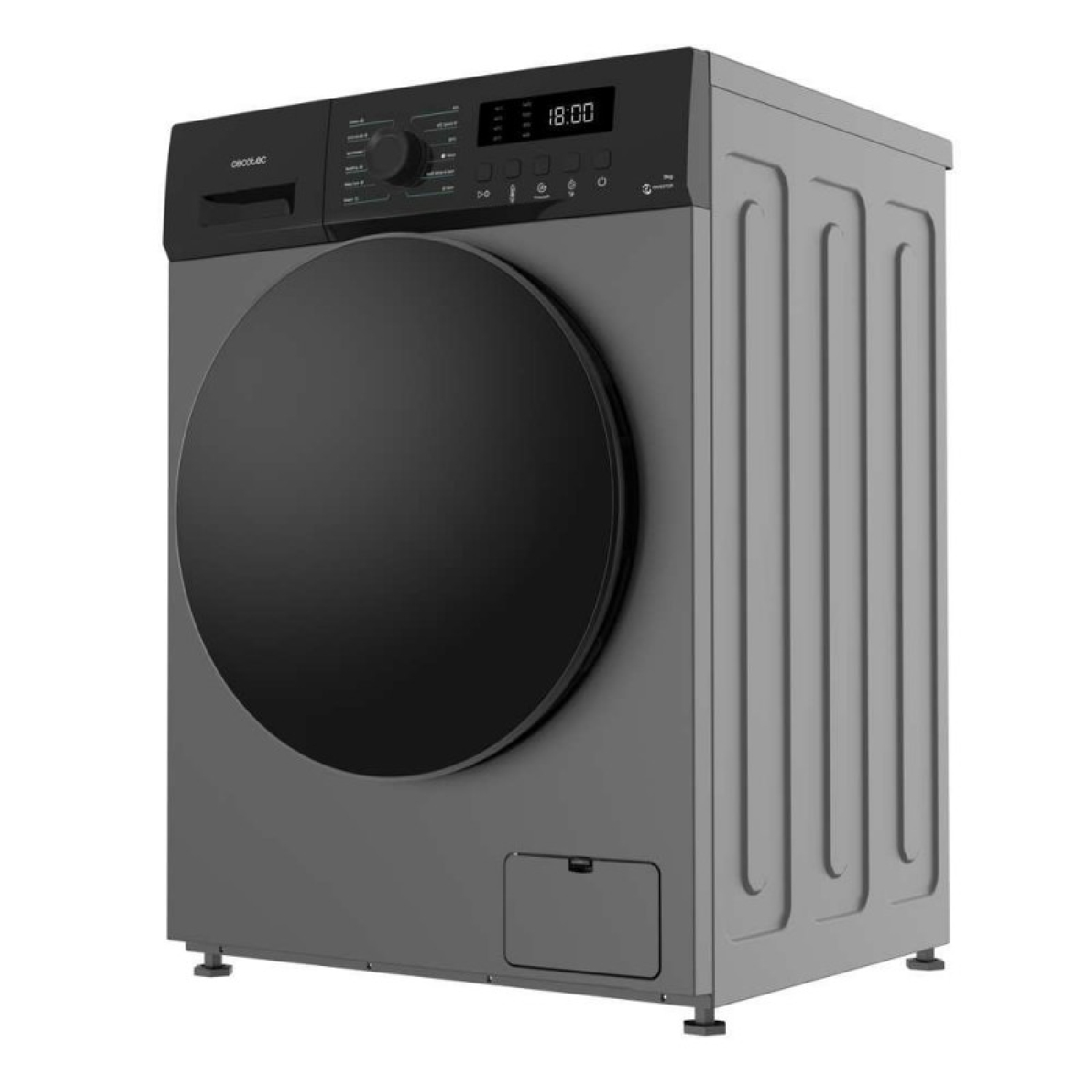 Lavadora moderna gris con puerta negra grande, pantalla digital y selector giratorio sobre fondo blanco.