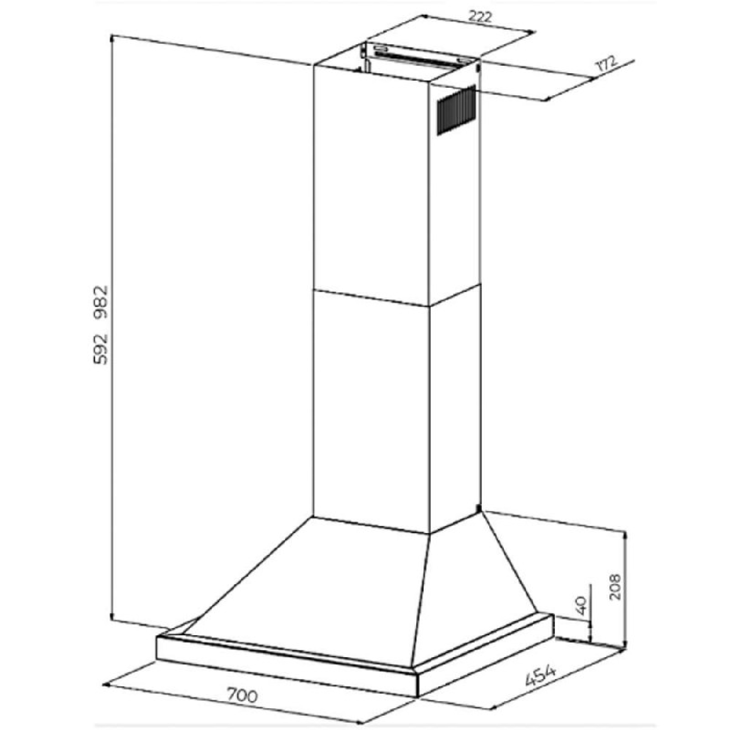 Disegno tecnico di una cappa da cucina con dimensioni in millimetri.