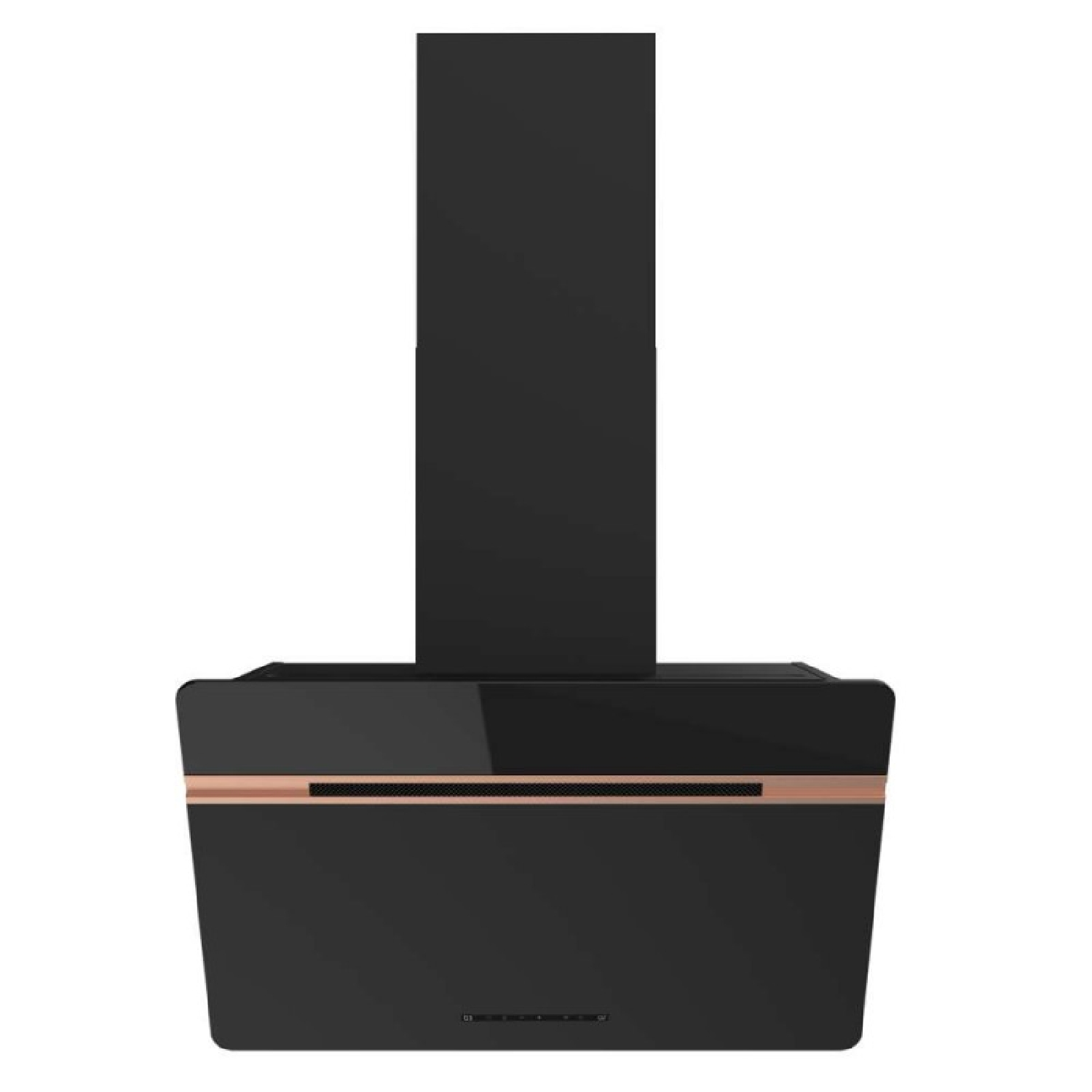 Una cappa aspirante nera con una striscia color oro rosa su sfondo bianco.