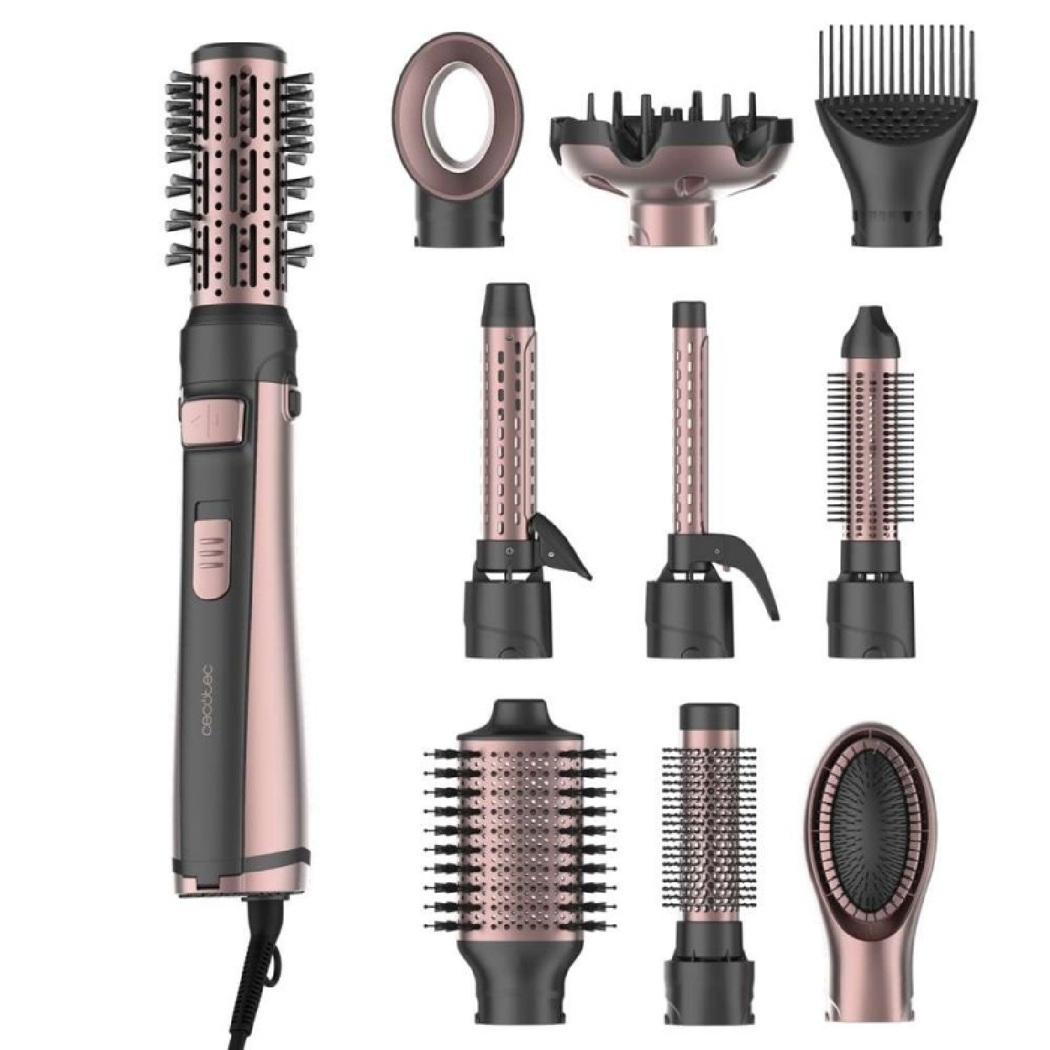 Un multistyler per capelli in oro rosa e nero, con nove accessori intercambiabili.
