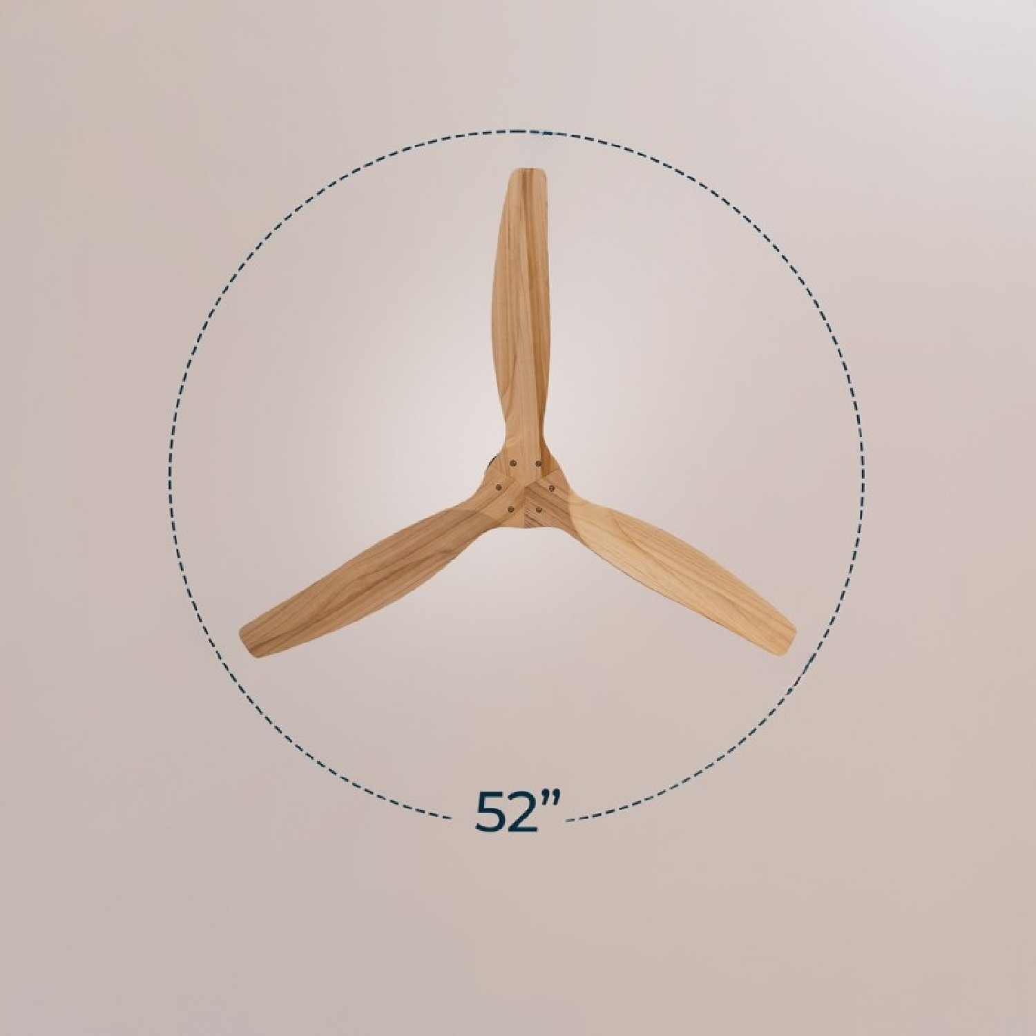 Un ventilatore da soffitto in legno a tre pale con diametro di 52 pollici all'interno di un cerchio tratteggiato.