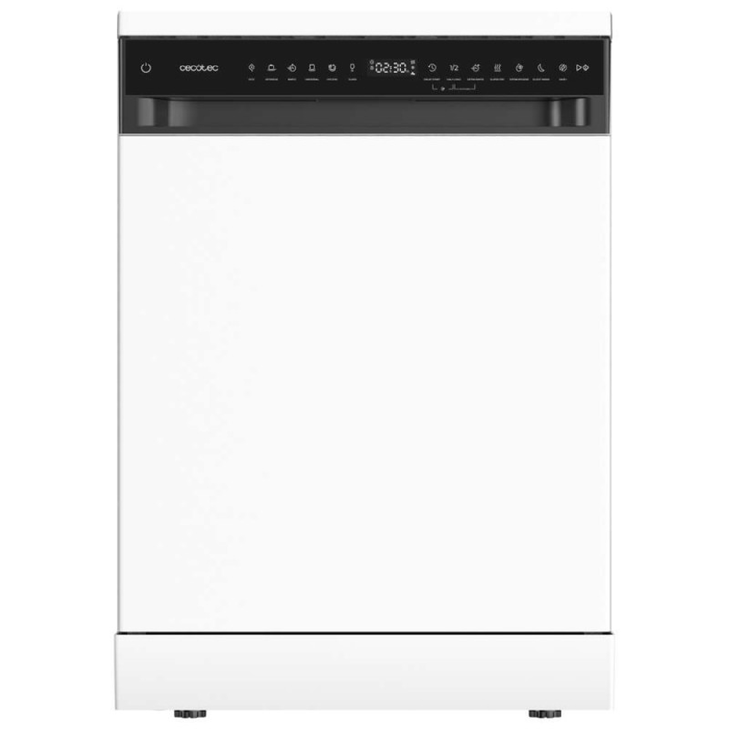Un lavavajillas blanco con un panel de control negro en la parte superior y una pantalla digital.