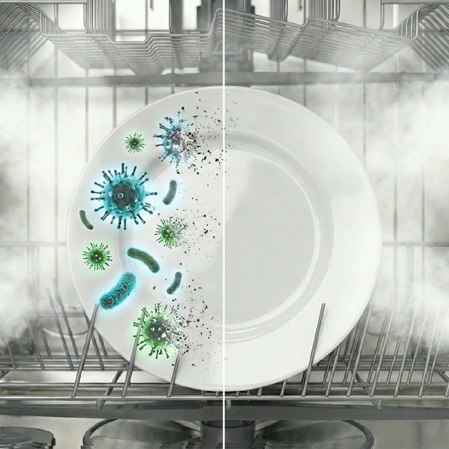 Comparación de un plato sucio con bacterias y un plato limpio en el lavavajillas.