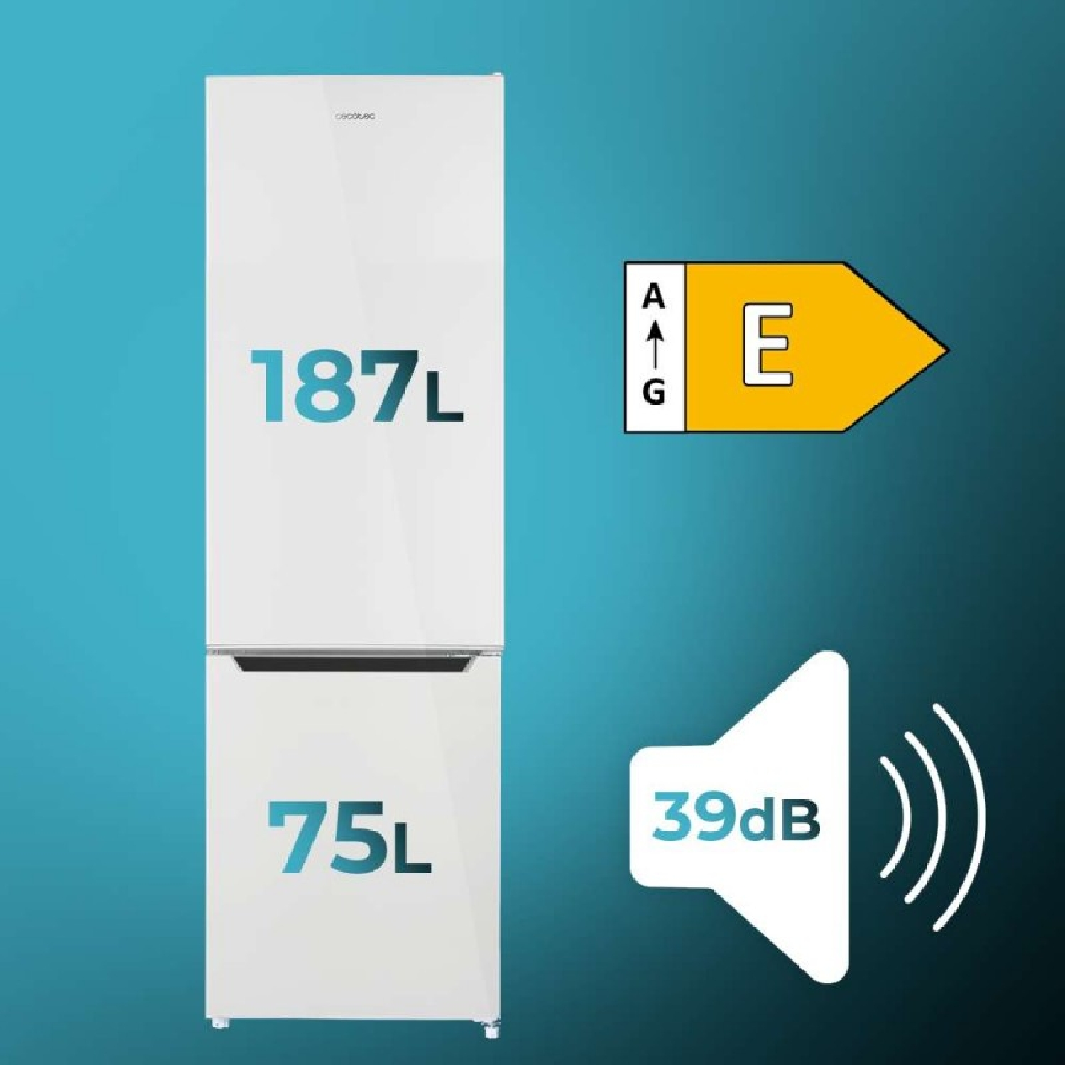 Biała lodówka o pojemności 187L i 75L, klasa energetyczna E, poziom hałasu 39dB.