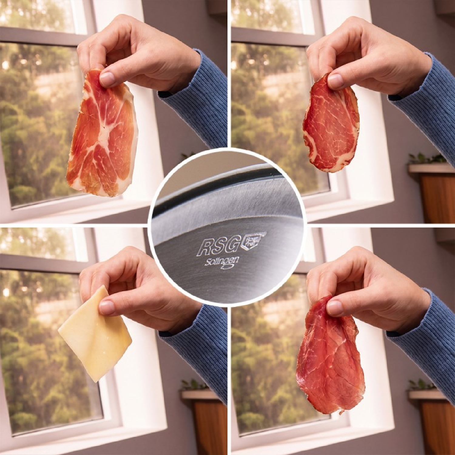 Quattro riquadri mostrano mani che tengono salumi e formaggio, con il logo RSG Solingen al centro.
