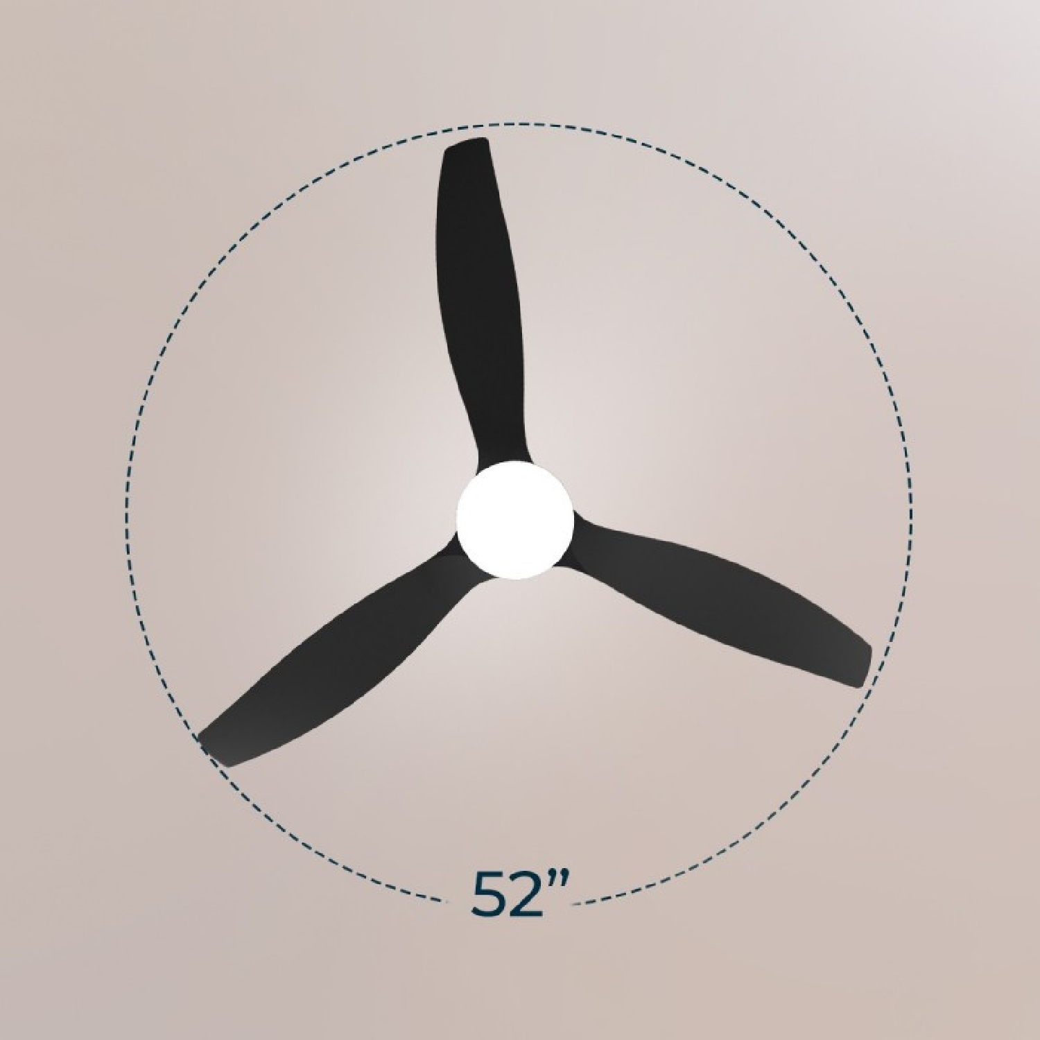 Un ventilatore da soffitto nero da 52 pollici con tre pale e un centro bianco.