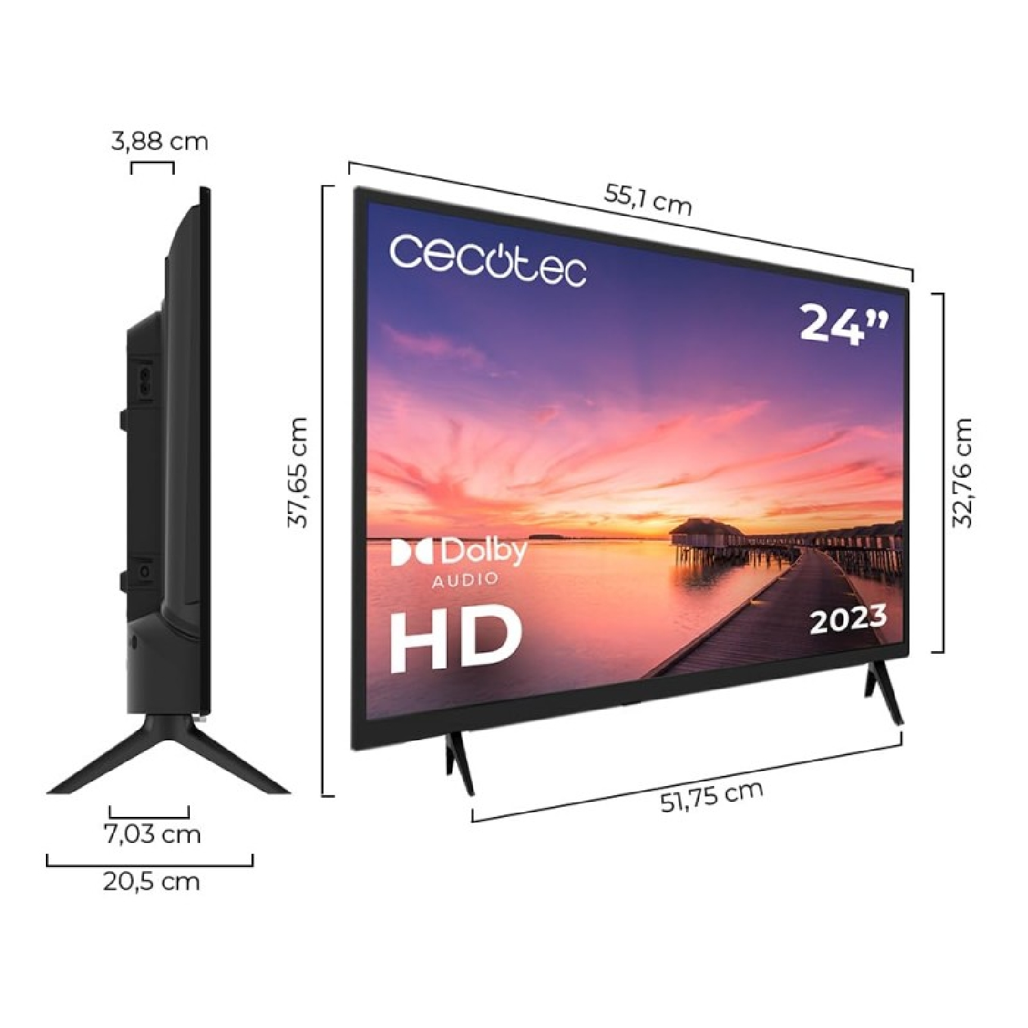 Diagrama que muestra las dimensiones de un televisor Cecotec de 24 pulgadas con Dolby Audio.