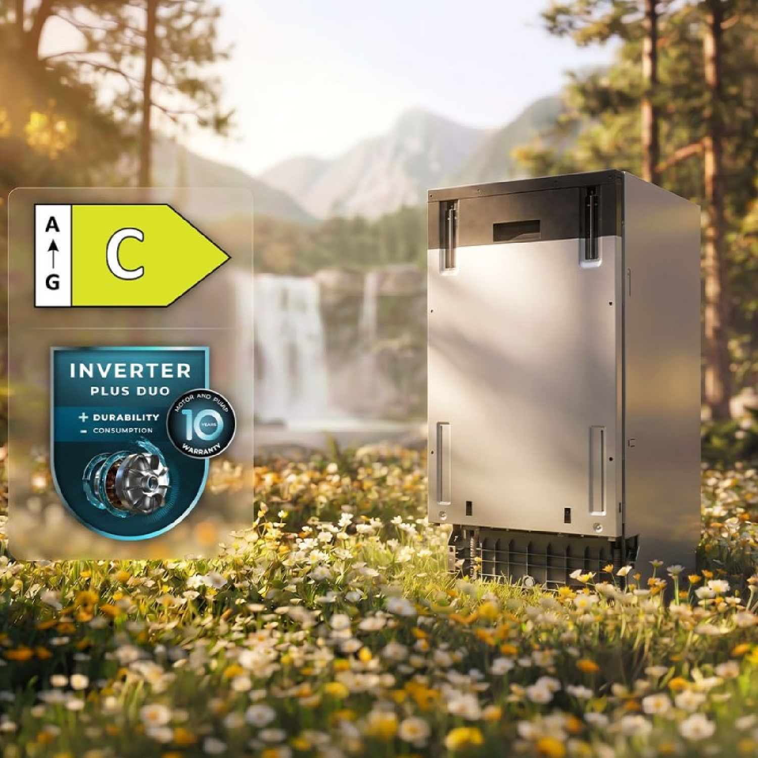 Un lavavajillas en un prado frente a un paisaje montañoso con etiqueta de eficiencia energética C.