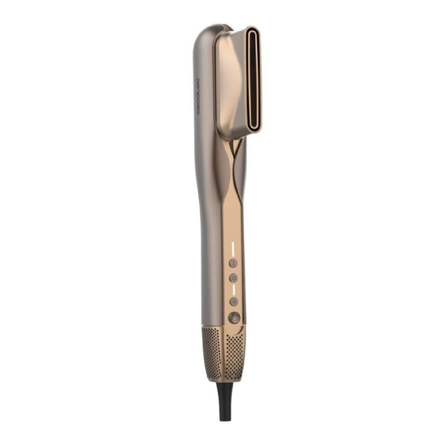 Moderno asciugacapelli marrone dal design elegante e pulsanti di controllo integrati.