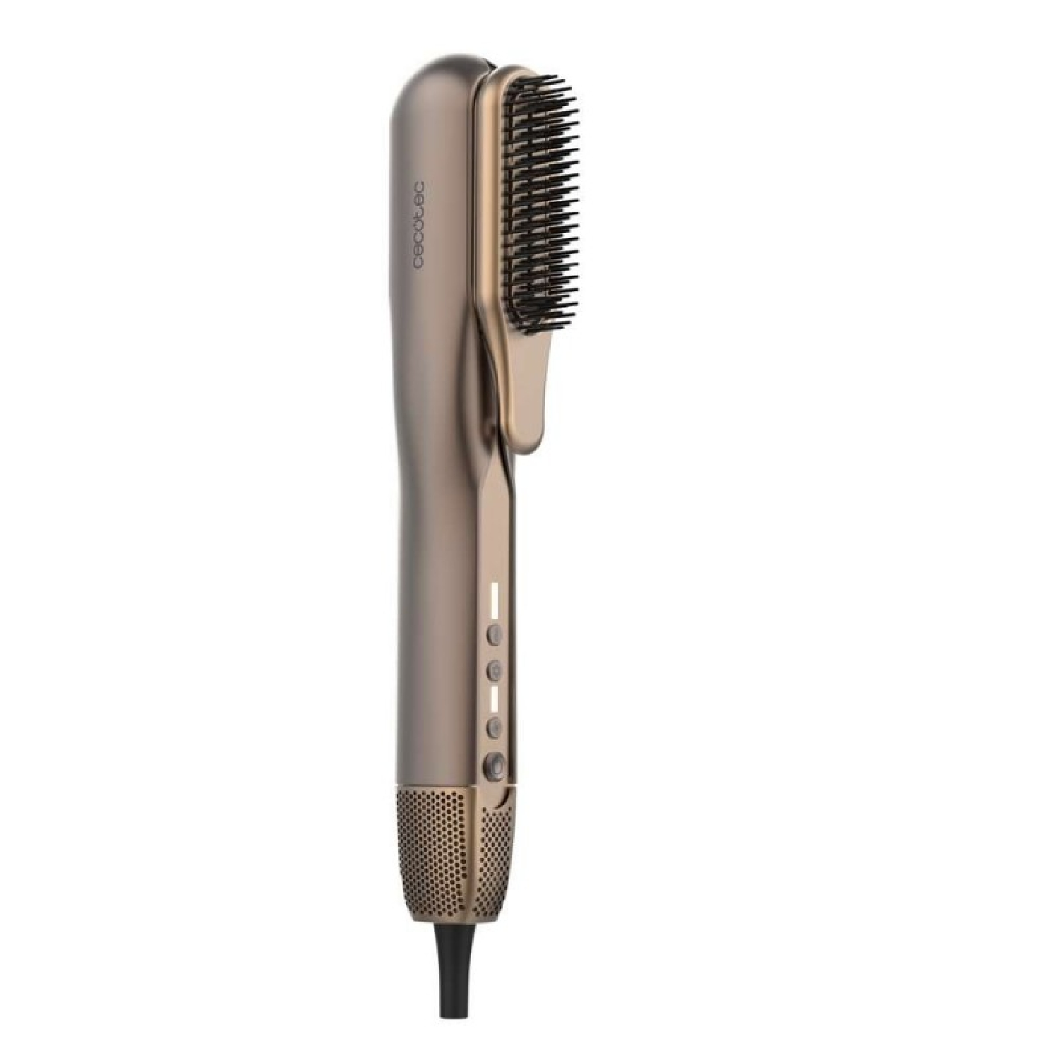 Una spazzola per capelli color bronzo e oro con pulsanti integrati e griglie di ventilazione.