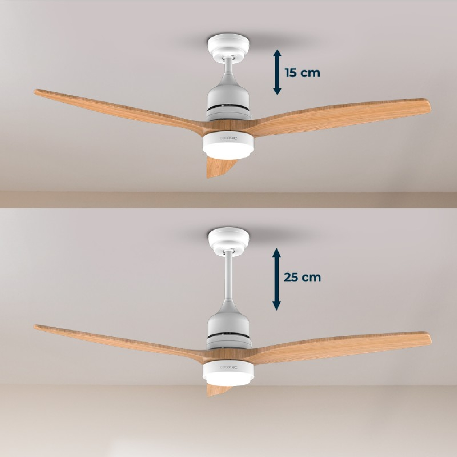 Dos modelos de ventilador de madera con distancias al techo de 15 cm y 25 cm.