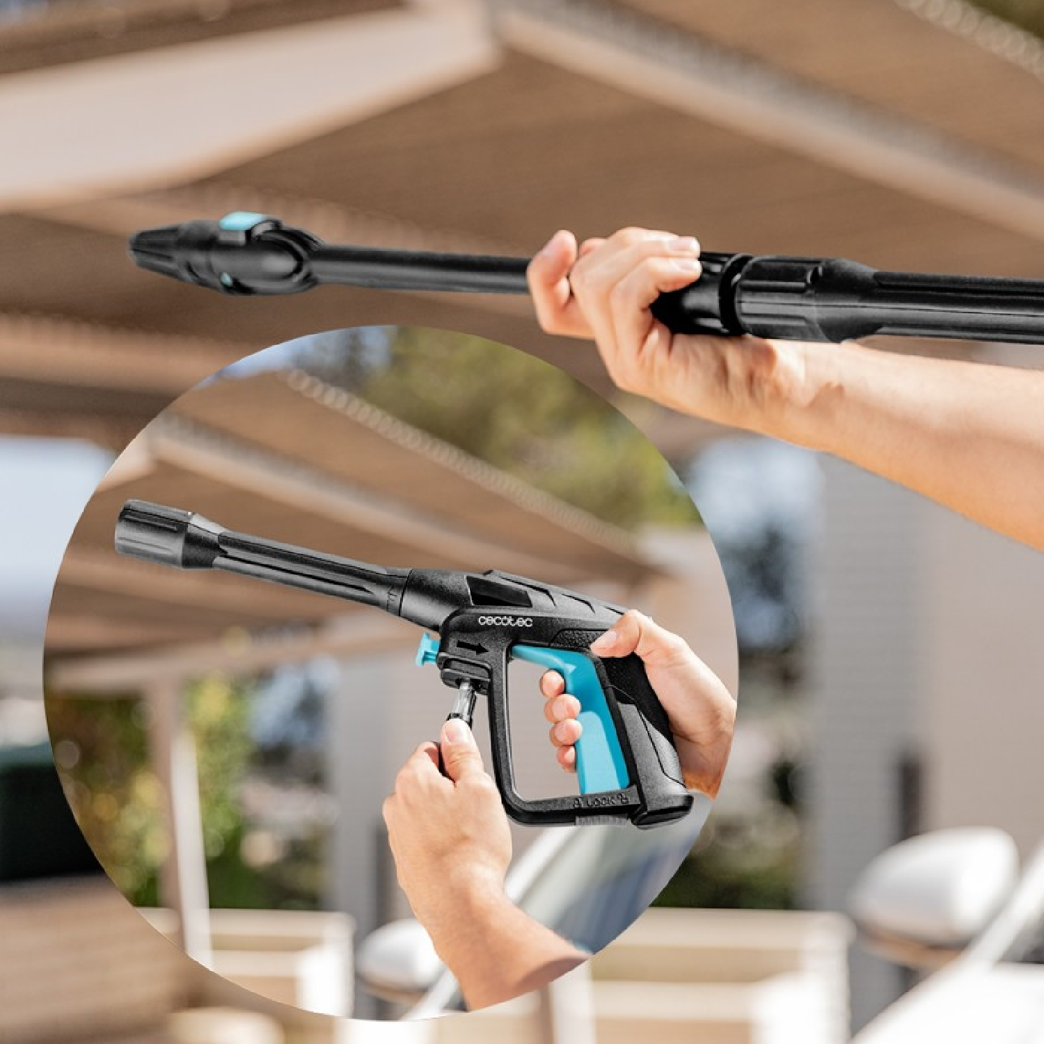 Primo piano di una persona che impugna una pistola idropulitrice nera e blu con lancia.