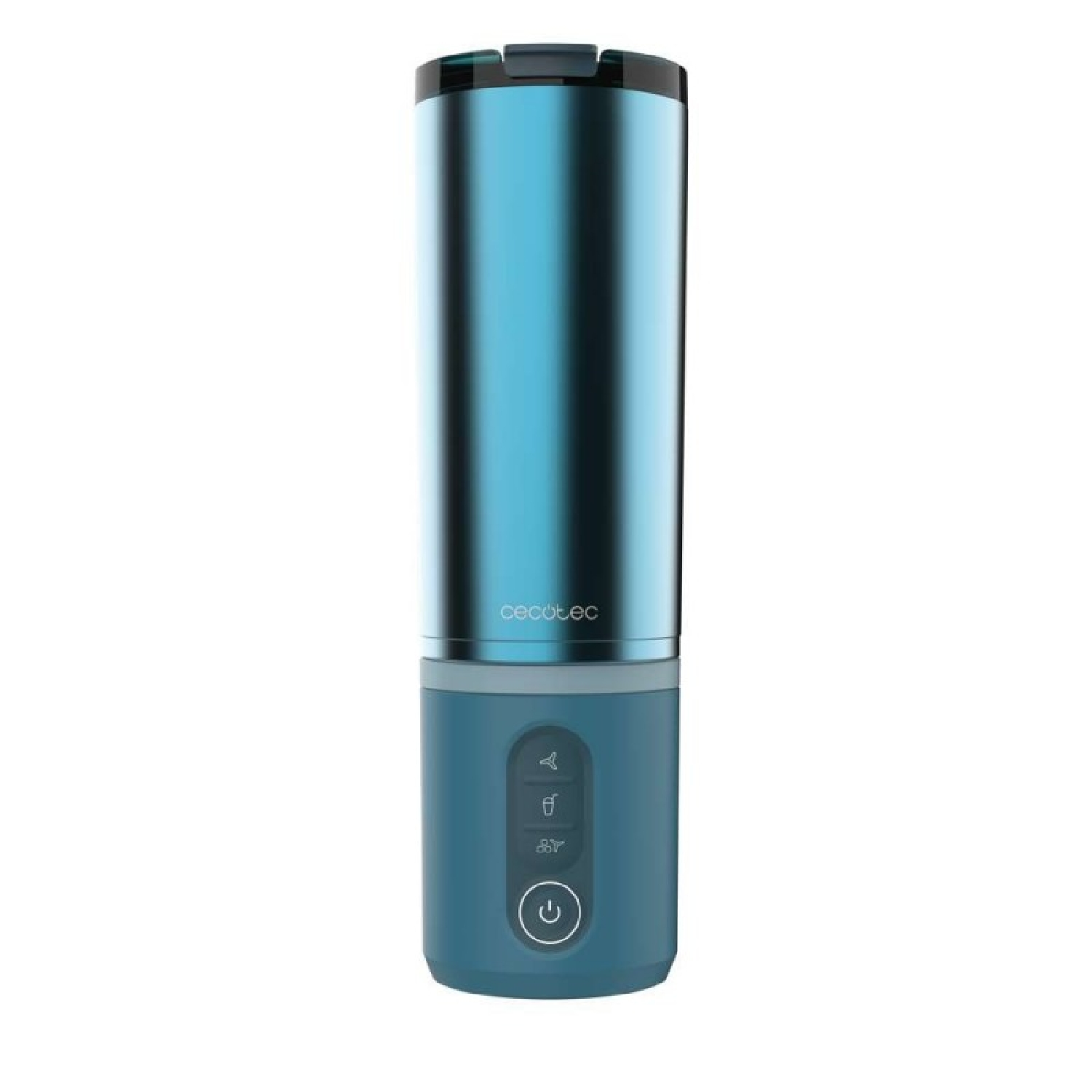 Un elegante frullatore elettrico portatile blu e argento con pulsanti di controllo e interruttore su fondo bianco.