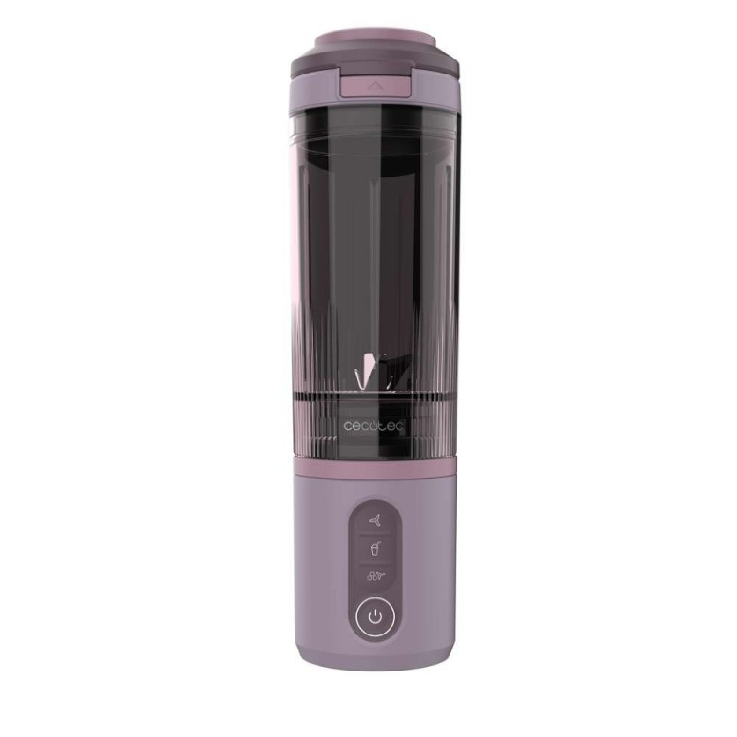 Una batidora portátil morada y negra con vaso transparente y botones de control.