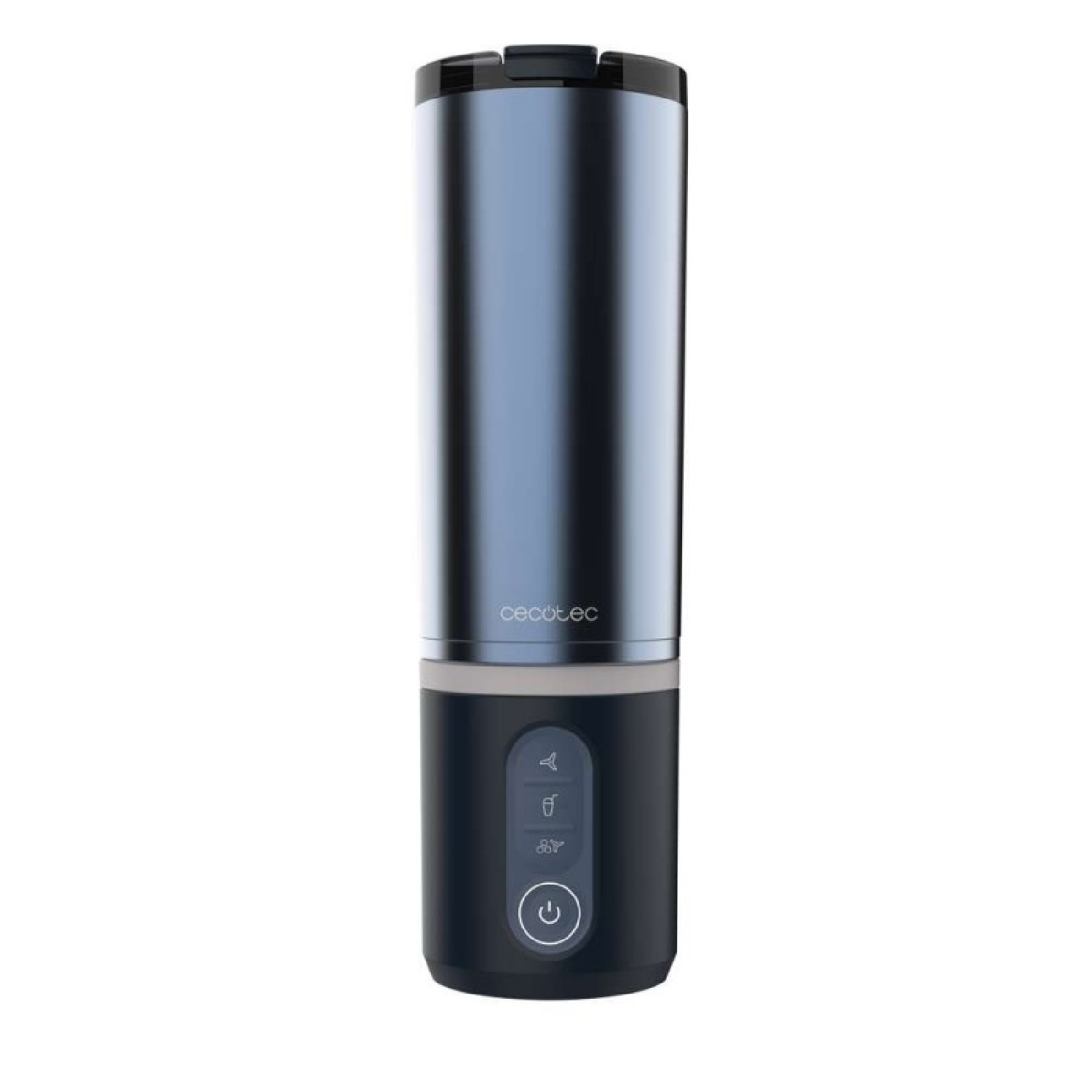 Frullatore elettrico portatile argentato e nero di Cecotec con pannello di controllo.