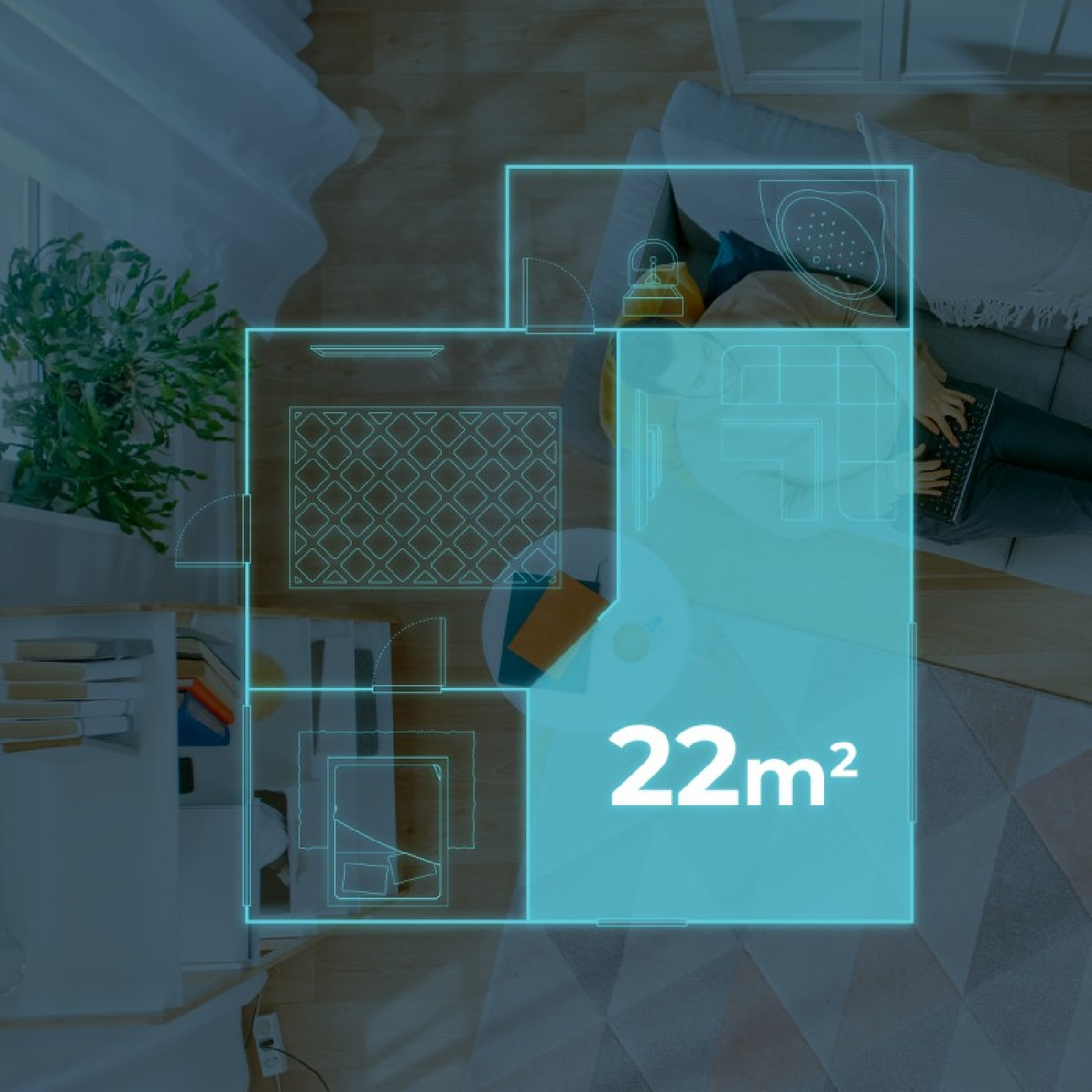 Vista superior de un plano con un área de sala de 22m2 sobre una habitación amueblada.