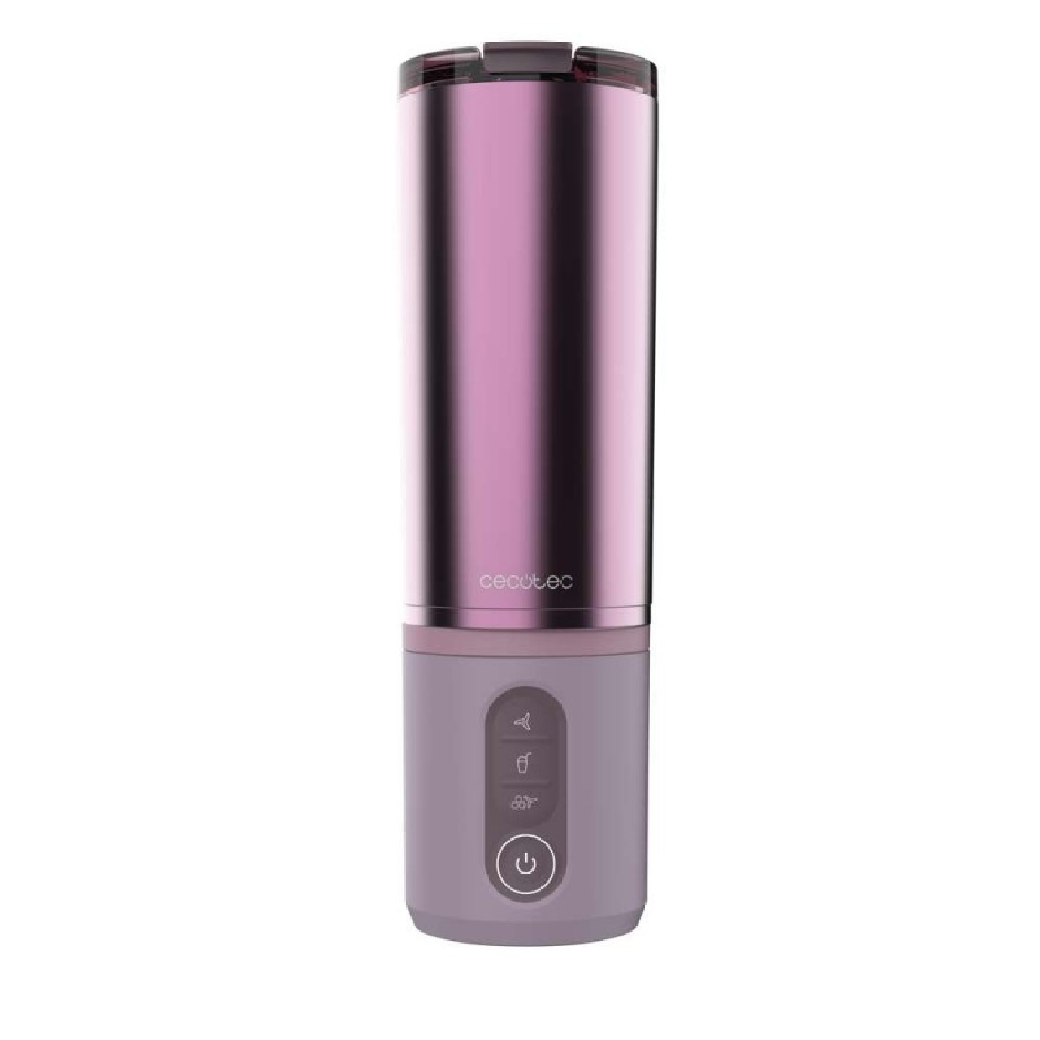 Un frullatore portatile cilindrico con tazza rosa lucida e base grigia con pulsanti di controllo.