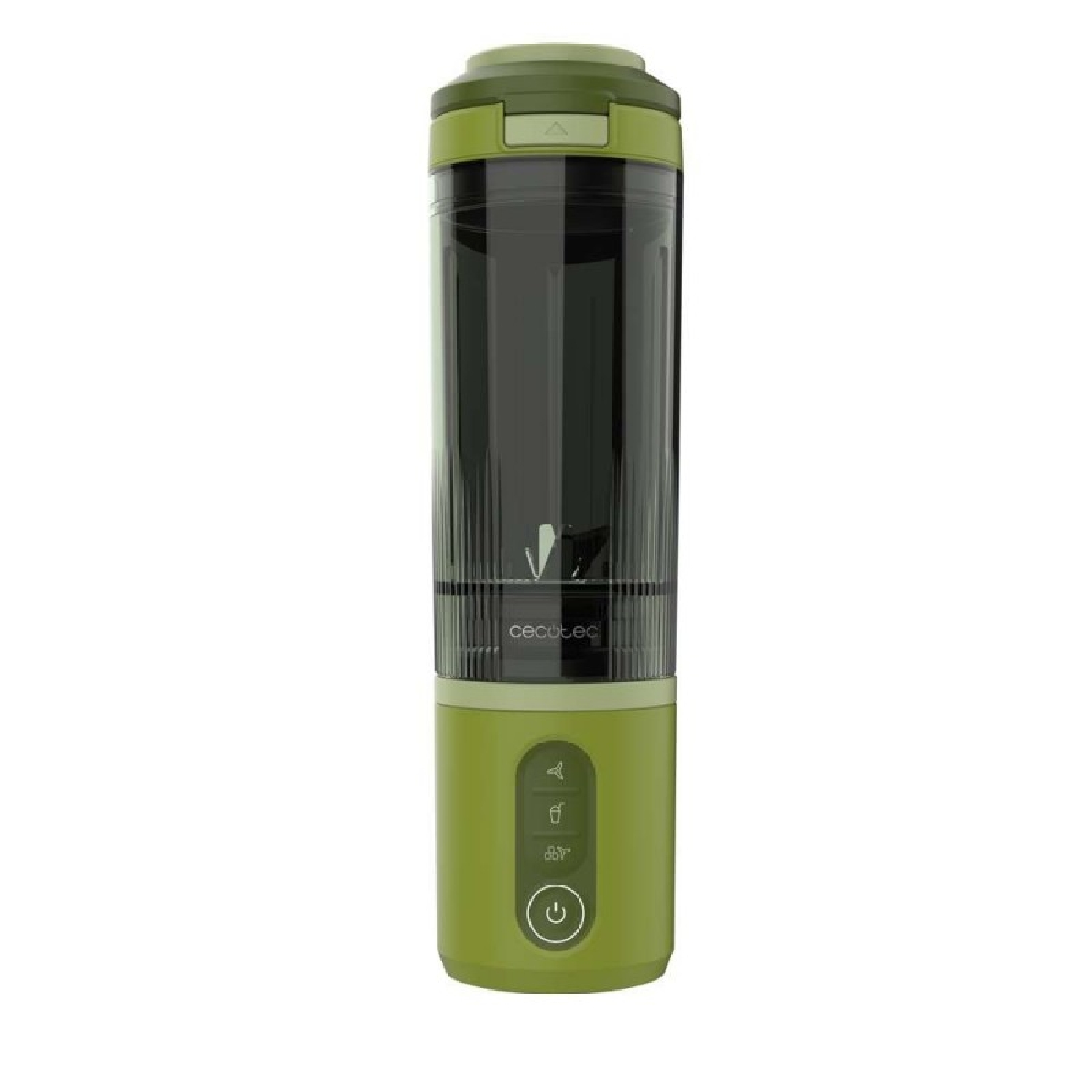 Un frullatore portatile verde con contenitore nero, pulsanti di controllo e sfondo bianco.
