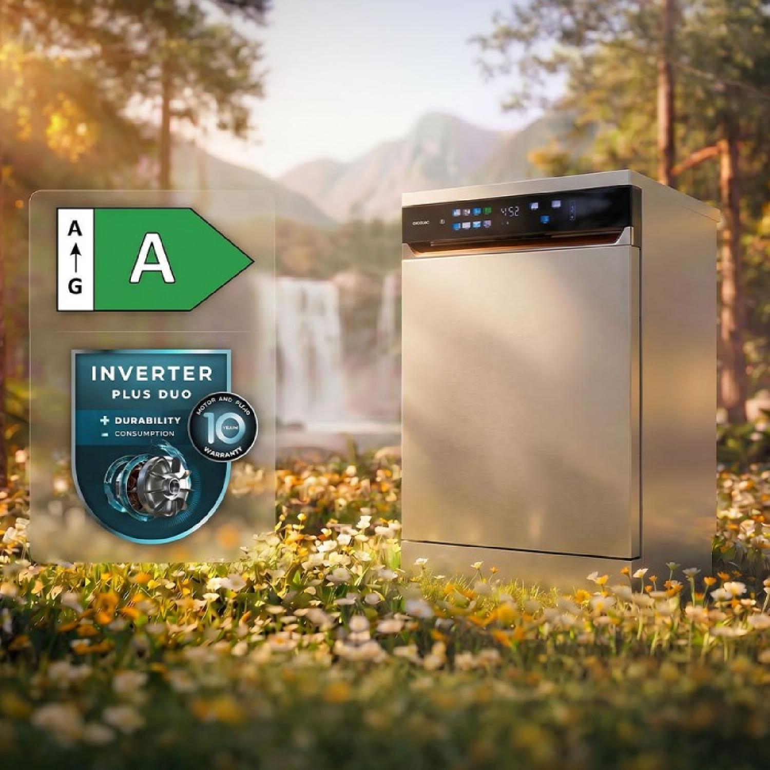 Lavavajillas en un prado de flores en un bosque con etiqueta energética A y logo Inverter Plus Duo.