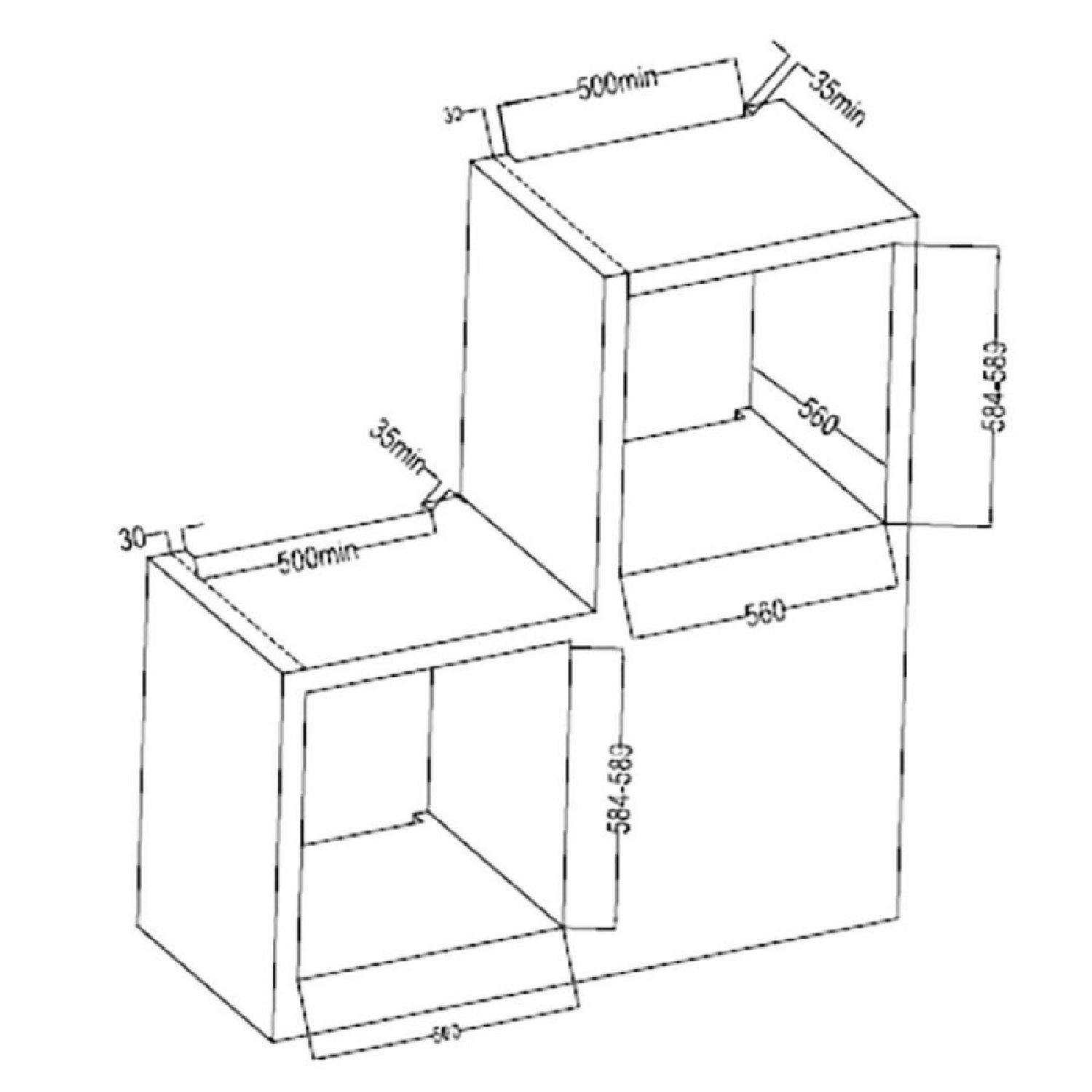 Dibujo técnico de dos módulos de muebles de cocina escalonados con medidas.