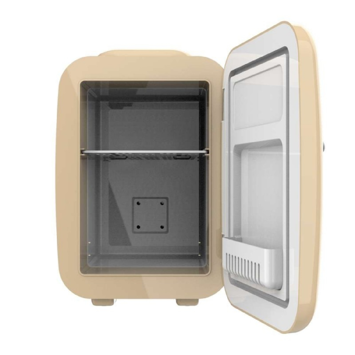 Un piccolo mini frigo beige aperto con ripiano interno e scomparto sullo sportello.