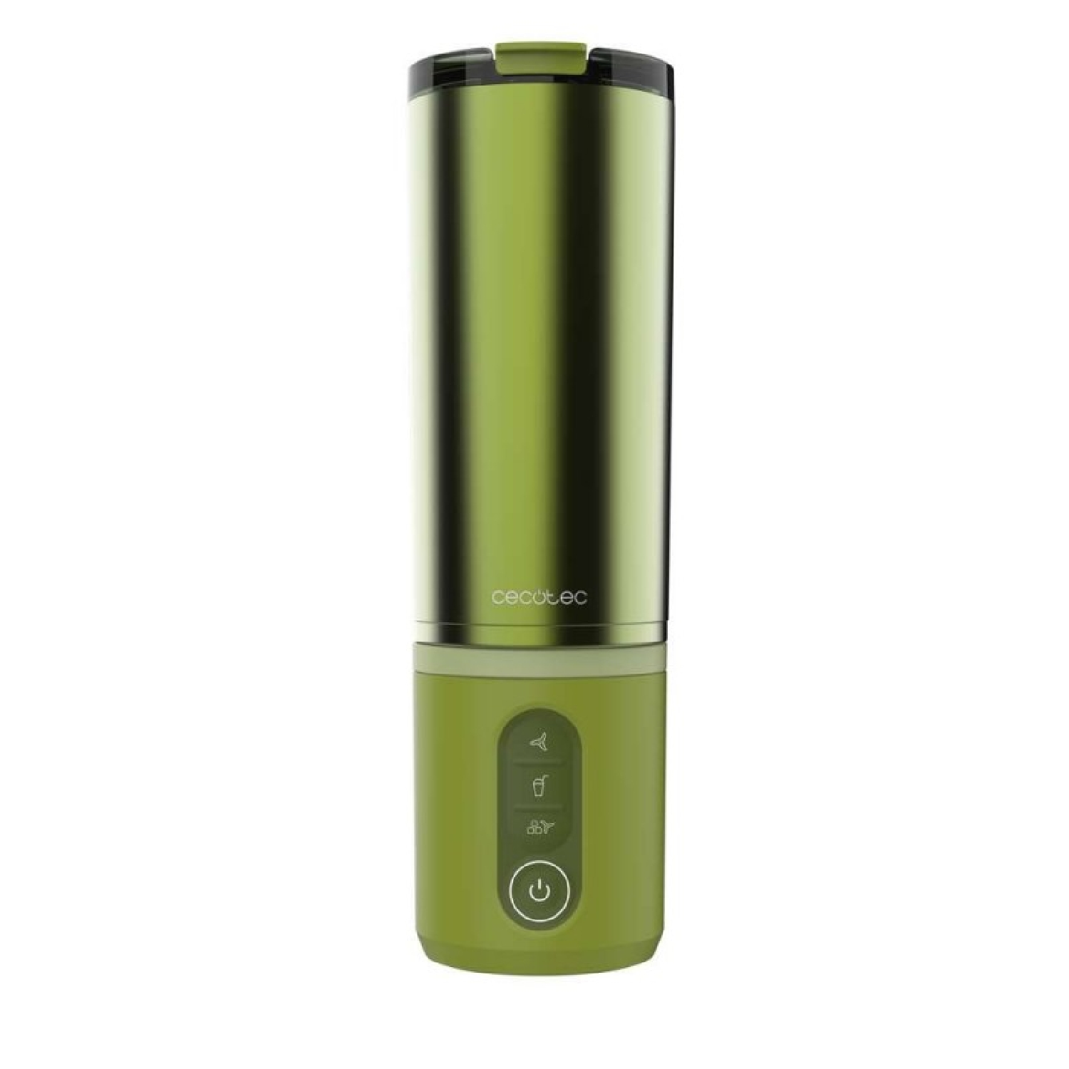 Frullatore portatile verde con tazza in metallo e pannello di controllo in basso su sfondo bianco.