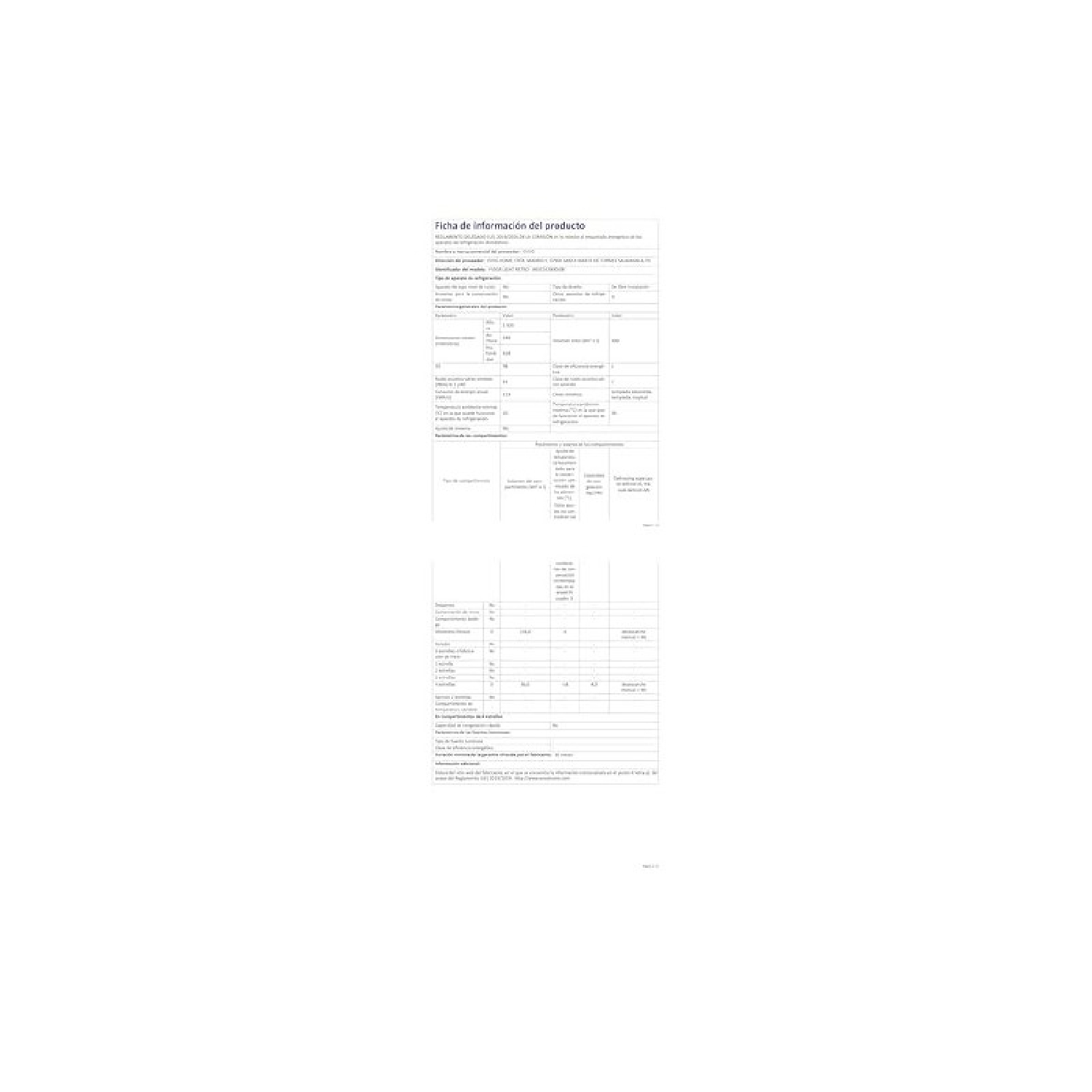 Hoja de información del producto con datos técnicos y tablas sobre fondo blanco.