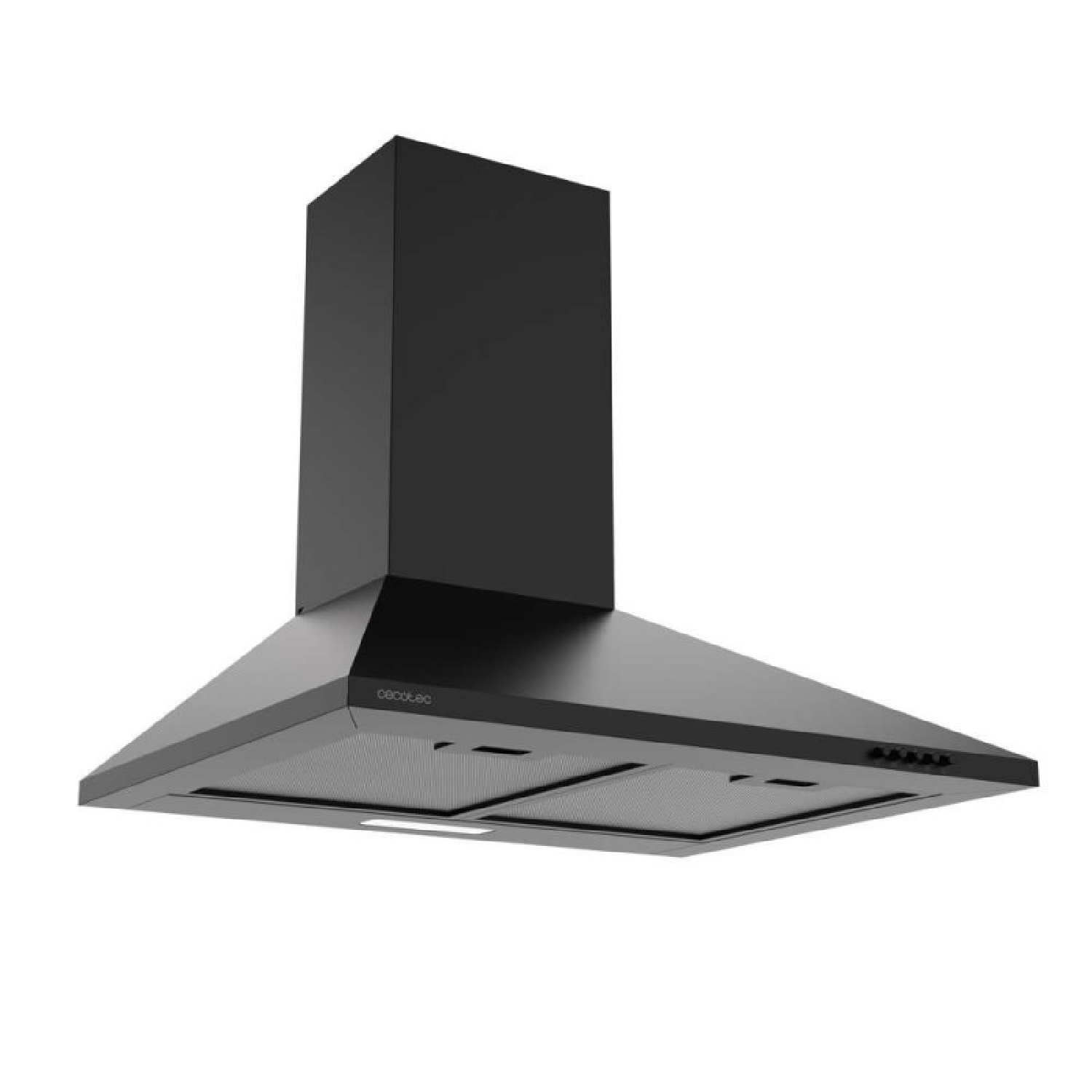 Una elegante campana extractora de cocina negra sobre fondo blanco con iluminación y filtros integrados.