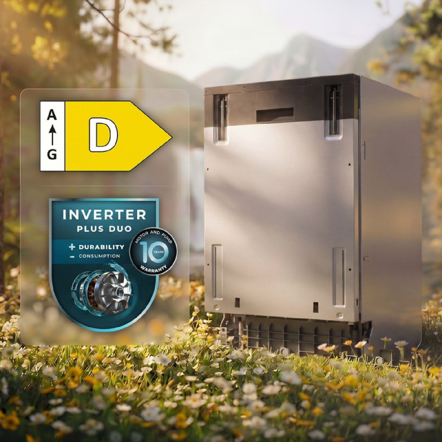 Zmywarka na ukwieconej łące z klasą energetyczną D i etykietą Inverter Plus Duo.