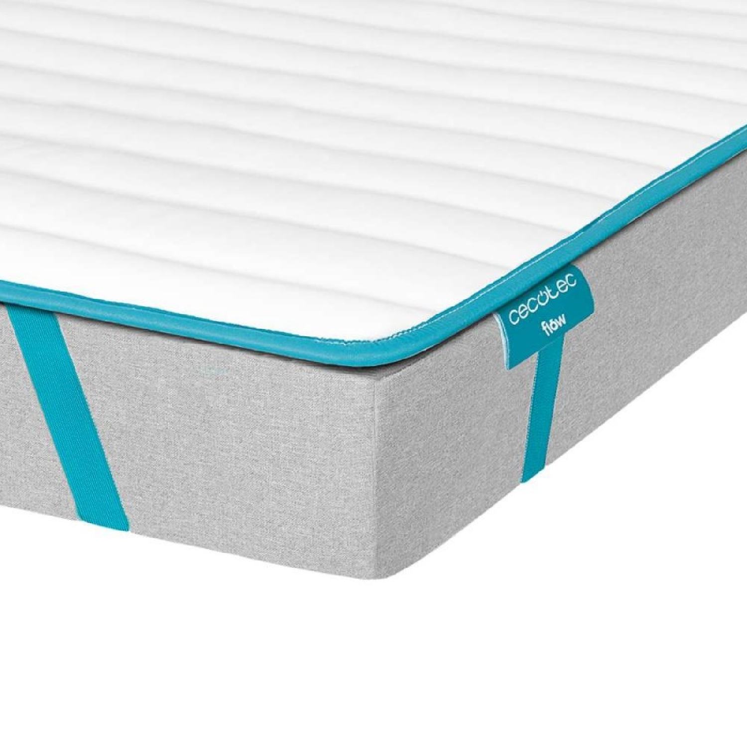 Colchón blanco con laterales grises, ribete azul y cintas azules con el logotipo de Cecotec Flow sobre fondo blanco.