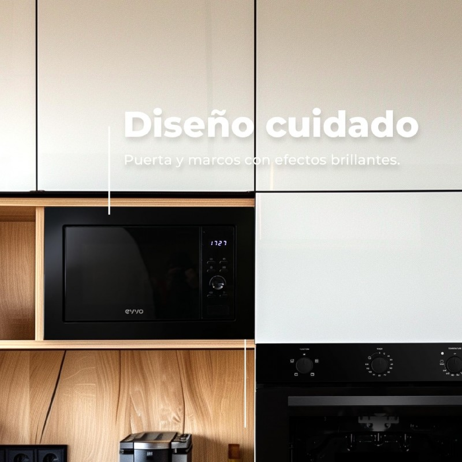 Cucina moderna con microonde nero incassato, forno e design di mobili bianchi.