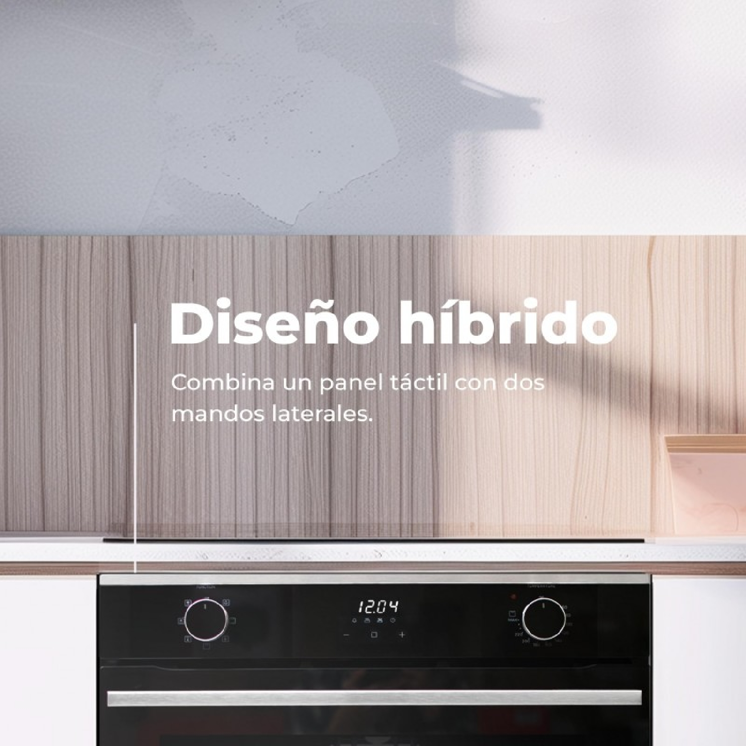 Un horno con dos mandos giratorios y pantalla digital bajo un salpicadero de madera.
