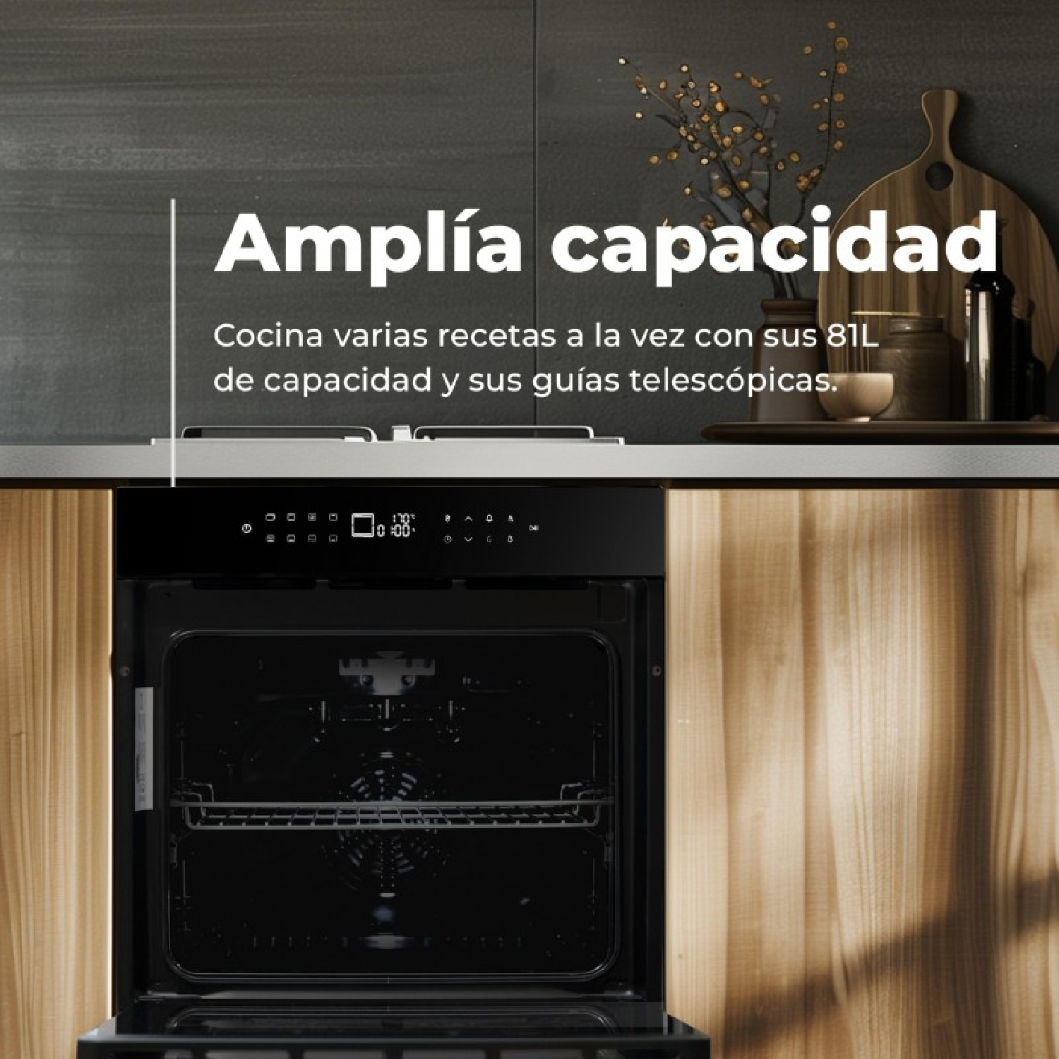Moderno horno negro bajo encimera con texto superpuesto sobre gran capacidad.