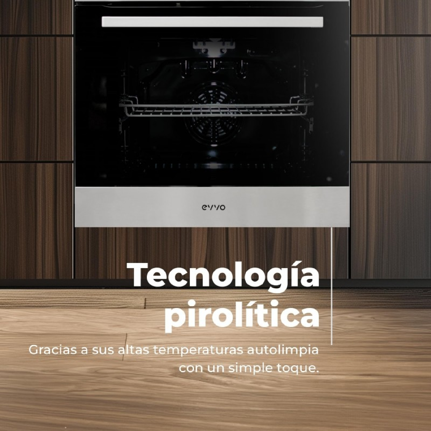 Un horno empotrado negro con tirador de acero inoxidable y textos sobre tecnología pirolítica.