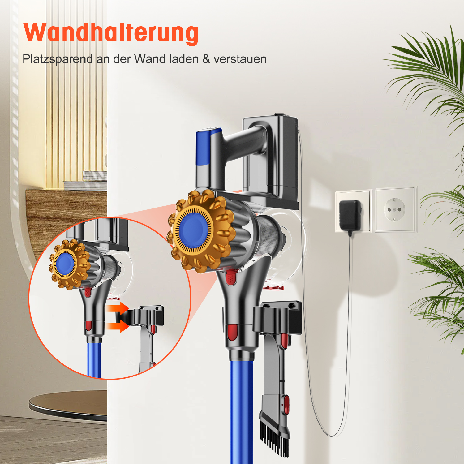 Ein kabelloser Staubsauger hängt an einer weißen Wand, eingesteckt in eine Steckdose, mit Detailansicht.