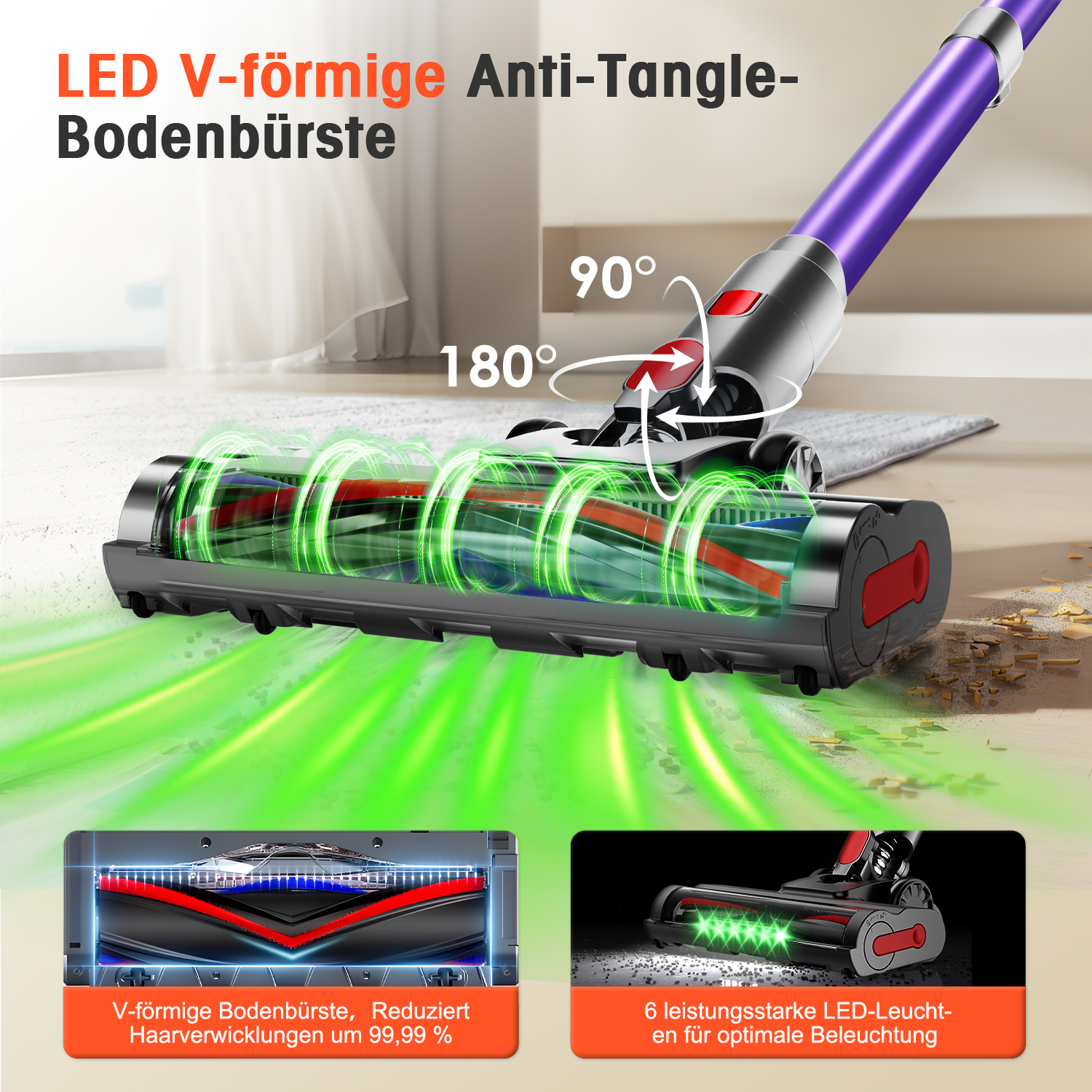 V-förmige LED-Bodenbürste mit 180° und 90° Gelenken, anti-Tangle-Design und grüner Beleuchtung auf dem Boden.