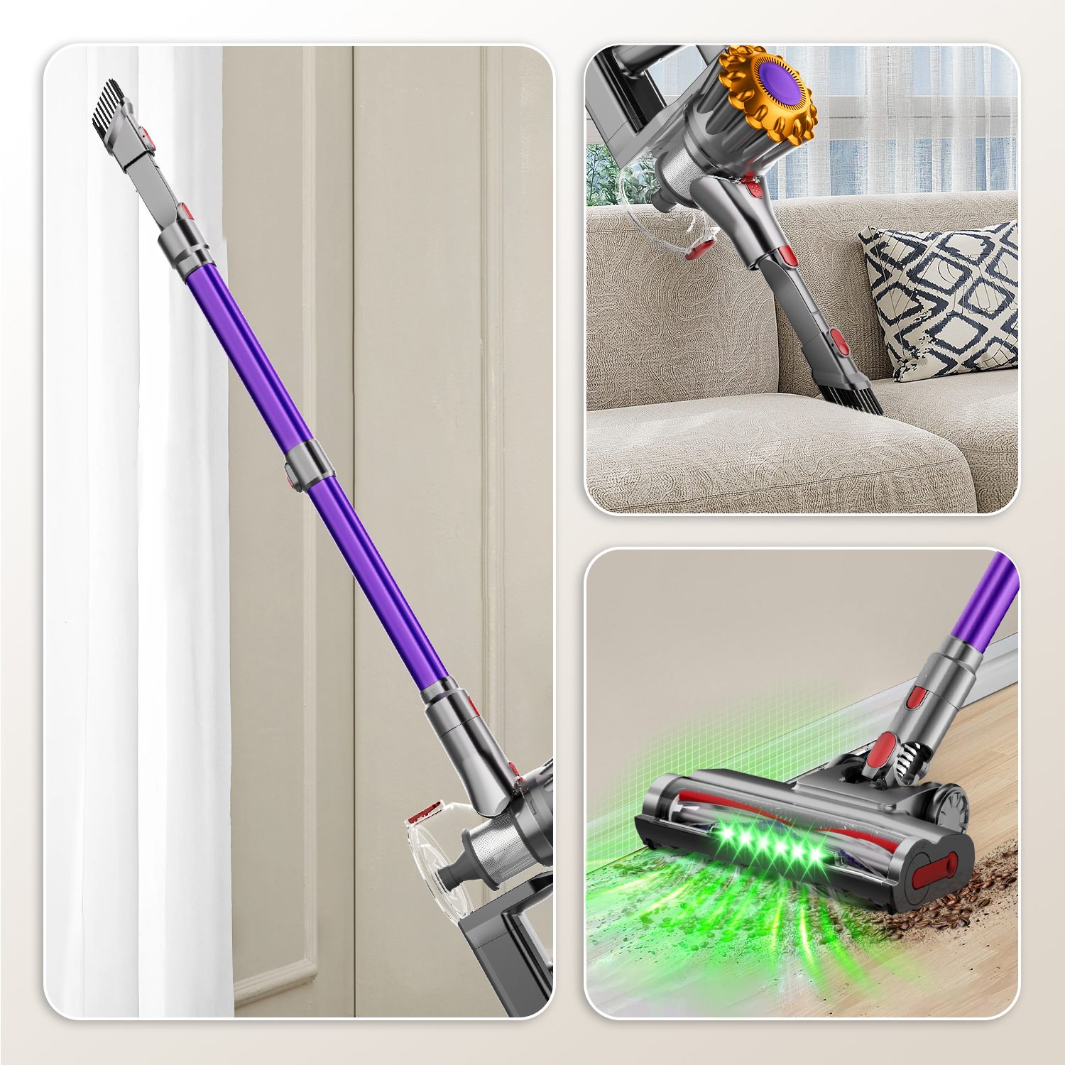 Cordless vacuum cleaner with purple wand, shown cleaning upholstery and a wooden floor with green lights.
