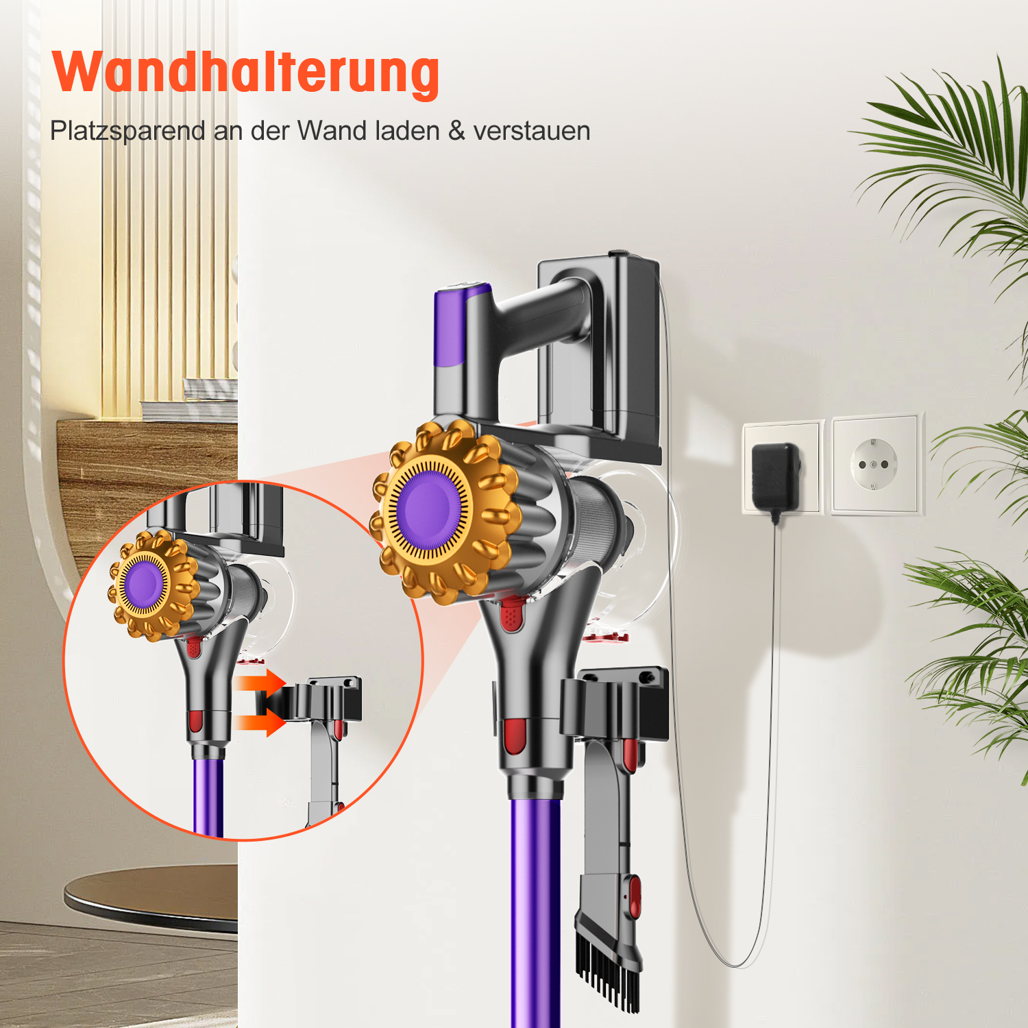 Cordless vacuum cleaner mounted on a wall bracket with charging cable plugged in.