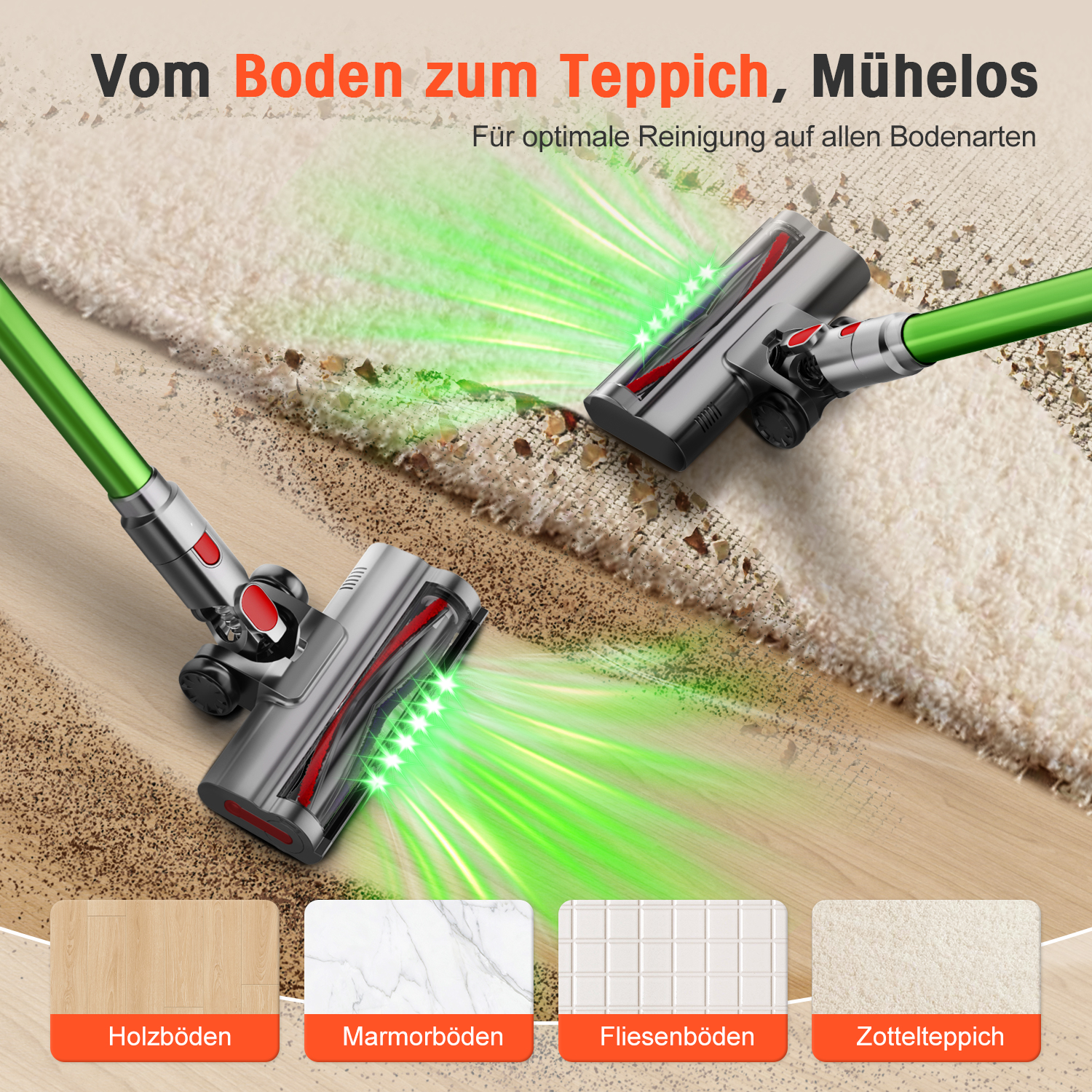 Zwei Staubsaugerdüsen reinigen Holzboden und Teppich, grüne Lichtstrahlen zeigen Schmutzentfernung.