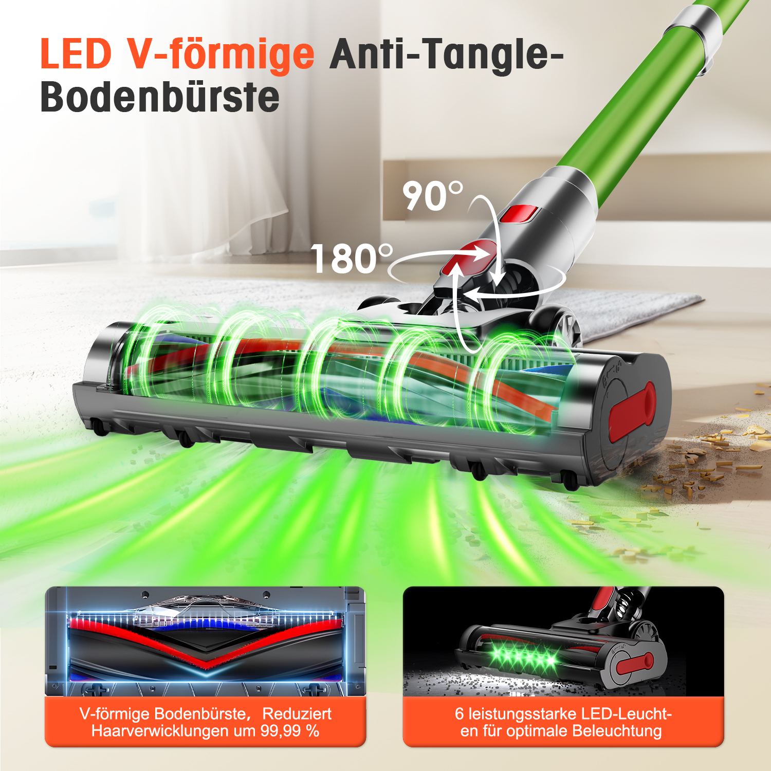 Staubsaugerbürste mit LED-Beleuchtung, V-förmiger Rolle und rotierenden Gelenken.