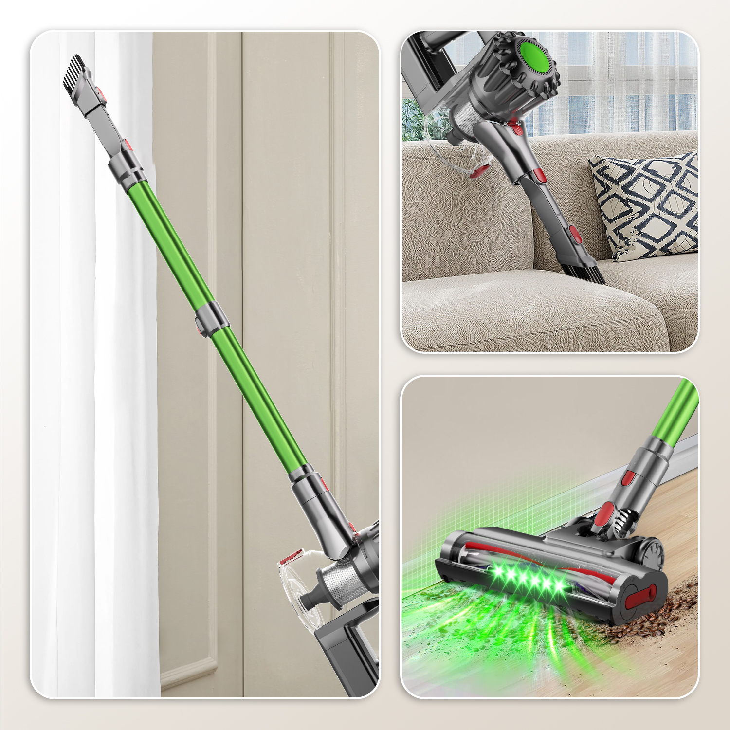 Collage zeigt einen Akkusauger beim Reinigen von Sofa, Böden mit grünem Laserlicht und verlängertem Rohr.