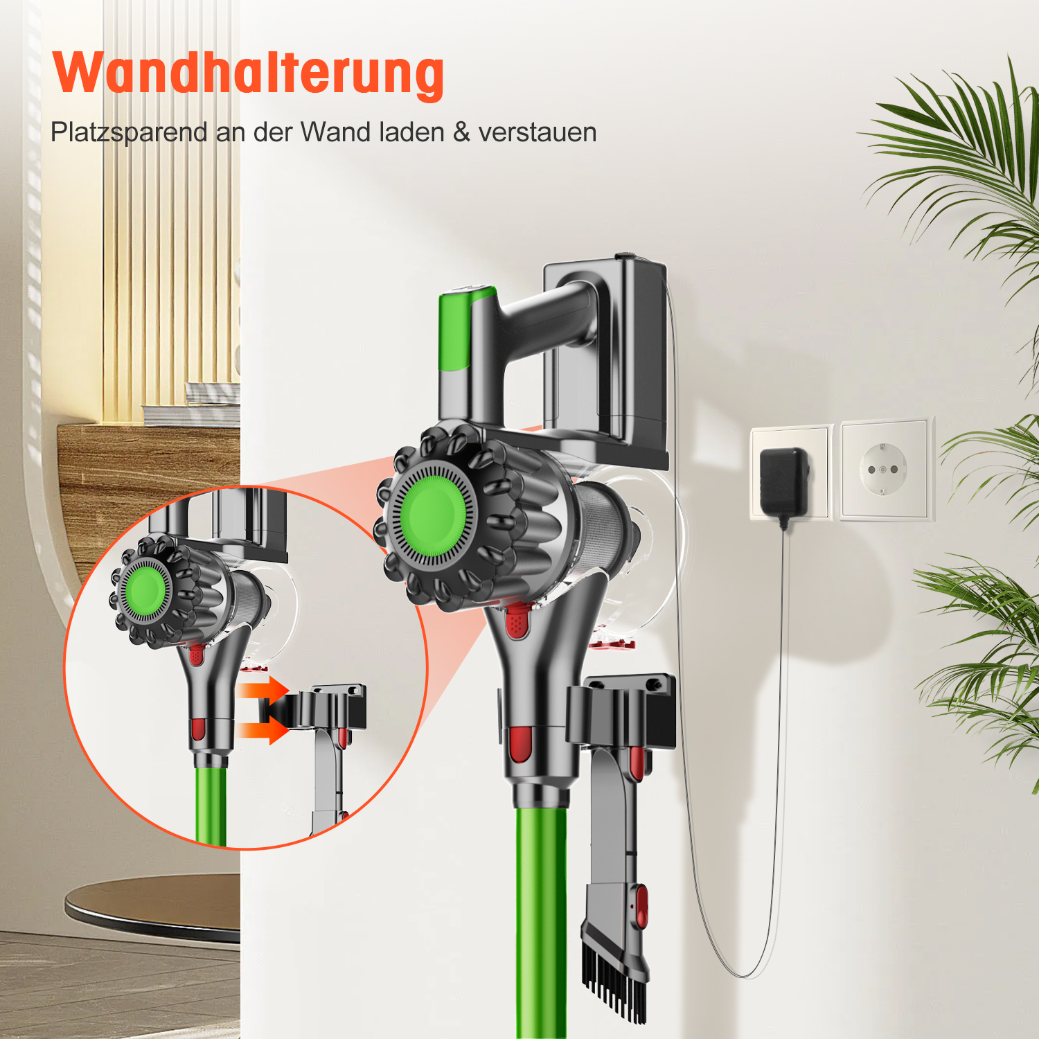 Ein grauer und grüner Akkustaubsauger hängt an einer weißen Wand und lädt an einer Steckdose.
