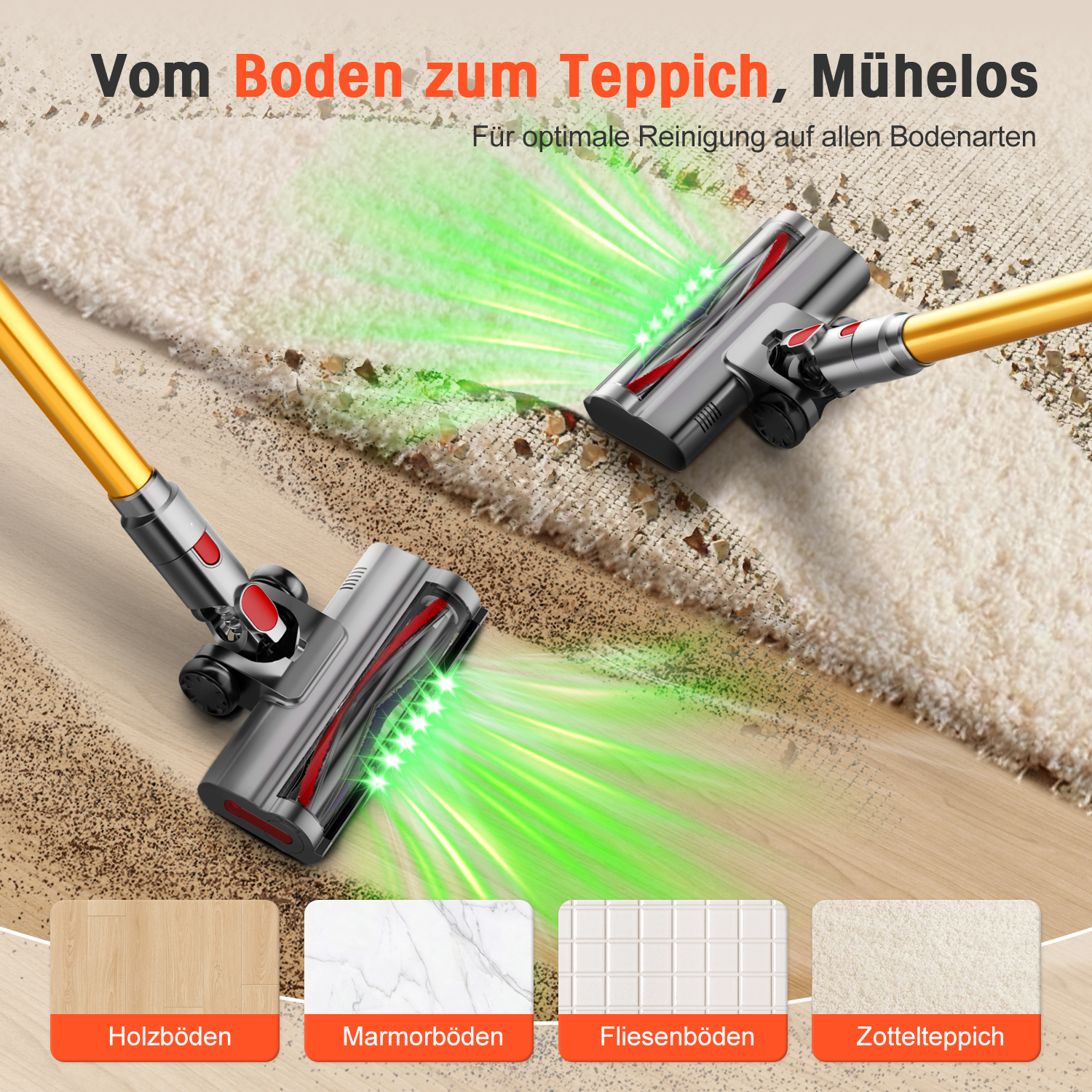 Ein Staubsaugerkopf reinigt Holzboden und Teppich von Staub, mit grünen Lichteffekten.