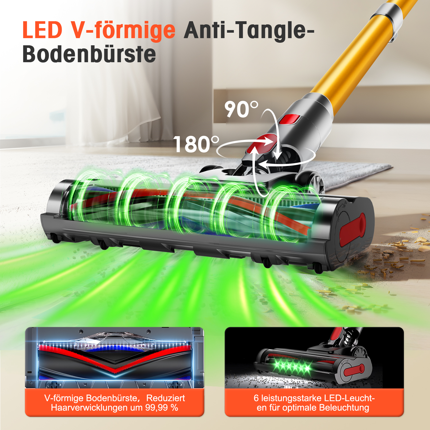 Staubsauger-Bodenbürste mit V-förmiger Walze, LED-Beleuchtung und flexiblen Gelenken für Winkeleinstellungen.