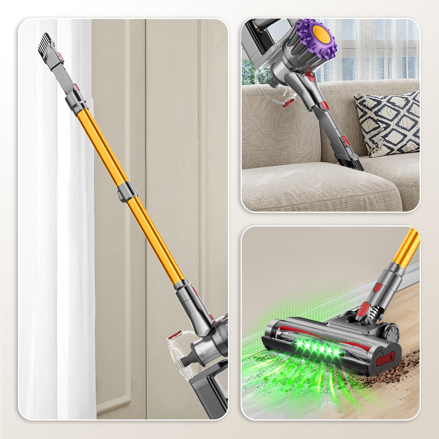 Ein gelber Akkusauger beim Einsatz an Wand, Sofa und bei der Bodenreinigung mit grünem Licht.